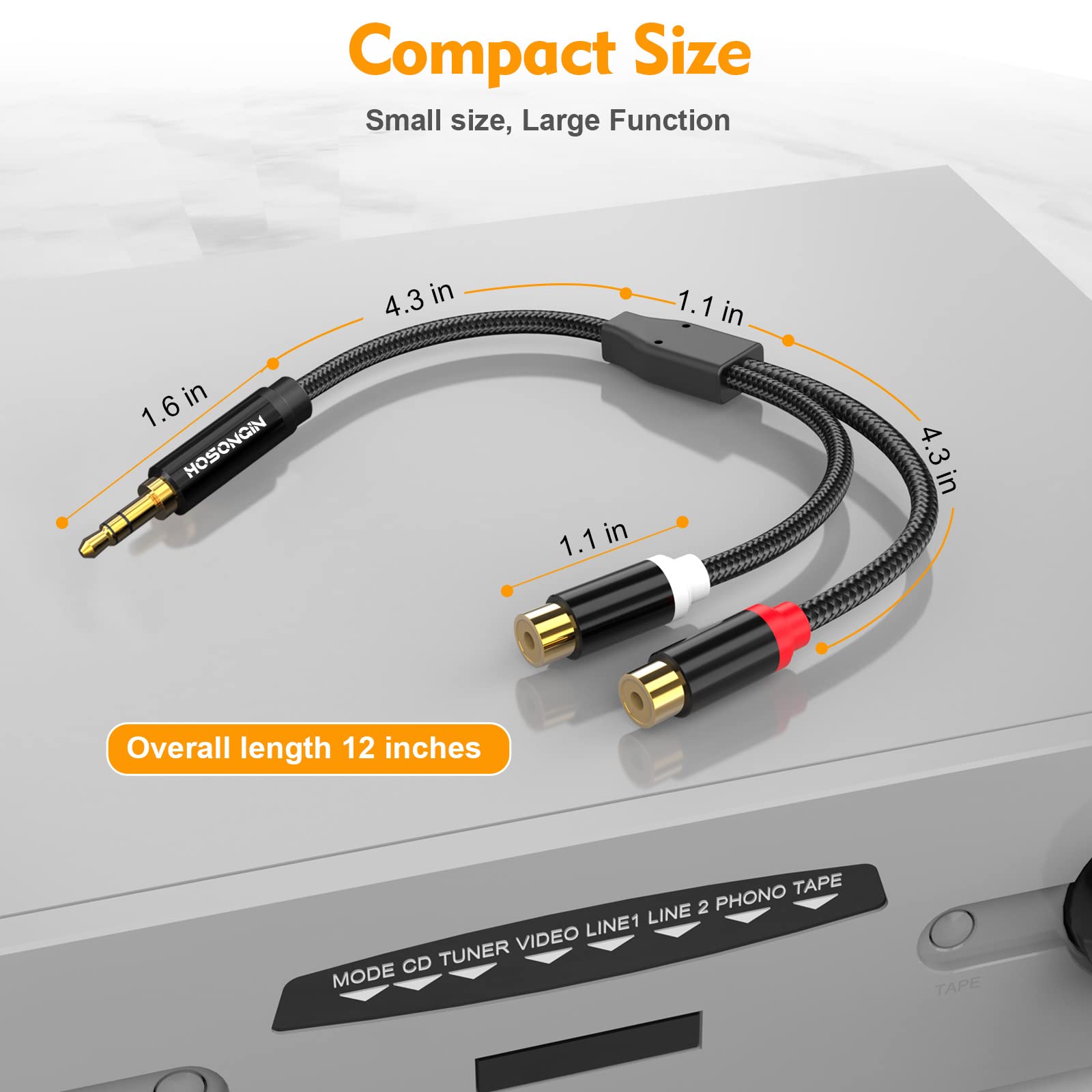 Foto 7 | Cable Hosongin De 3,5 Mm Macho A 2 Conectores Rca Hembra, Nailon Trenzado, Paquete De 2 - Venta Internacional.