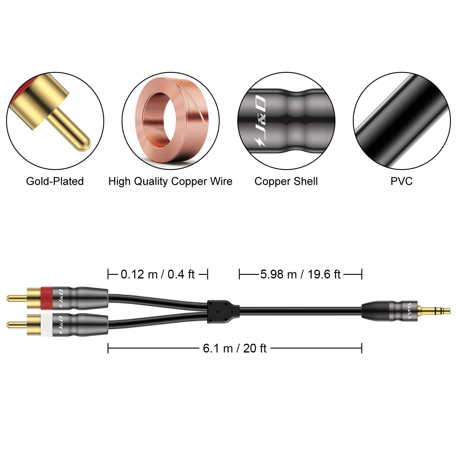 Foto 2 | Cable De Audio J&d De 3,5 Mm Macho A 2 Rca Macho Chapado En Oro, 6 M - Venta Internacional.