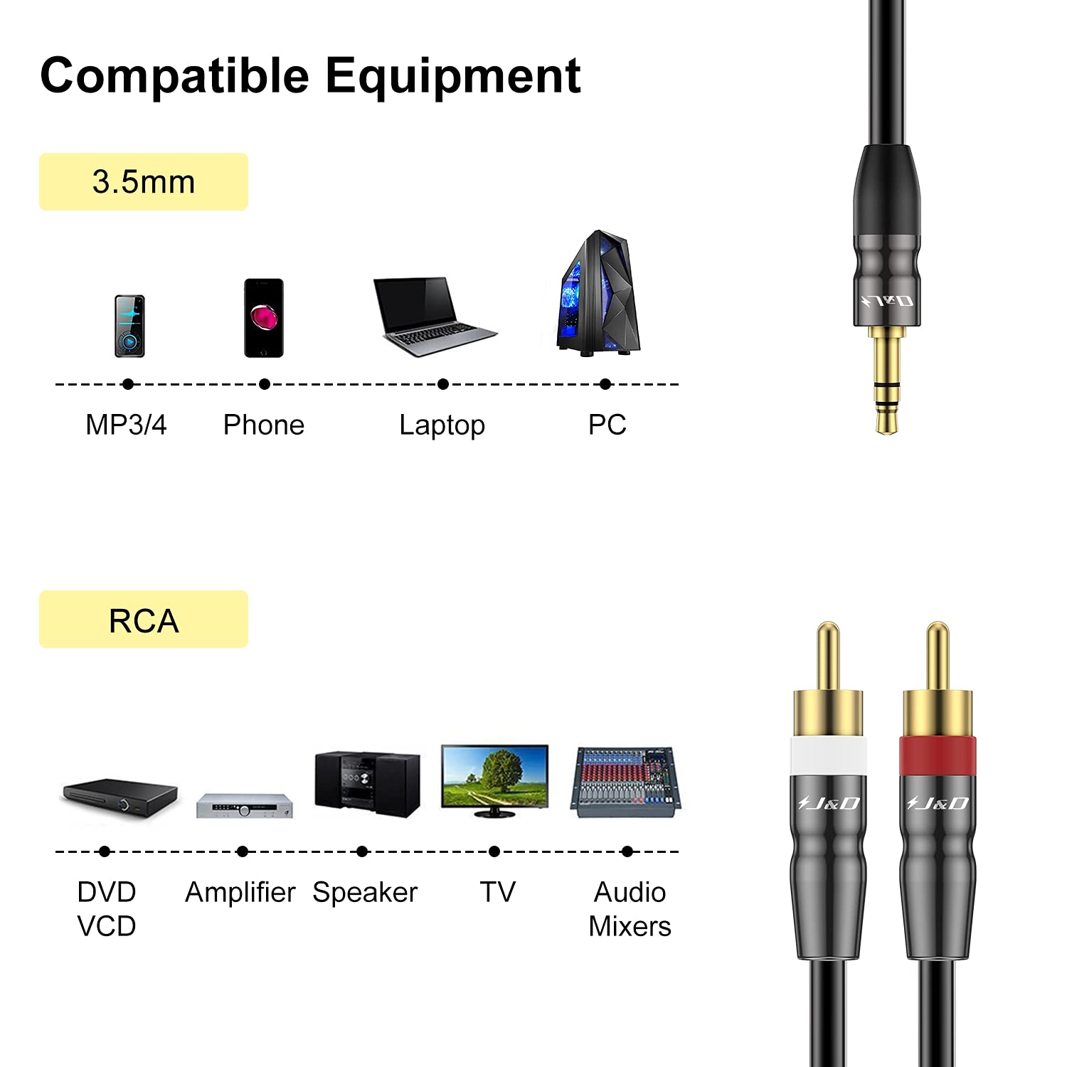 Foto 5 pulgar | Cable De Audio J&d De 3,5 Mm Macho A 2 Rca Macho Chapado En Oro, 6 M - Venta Internacional.