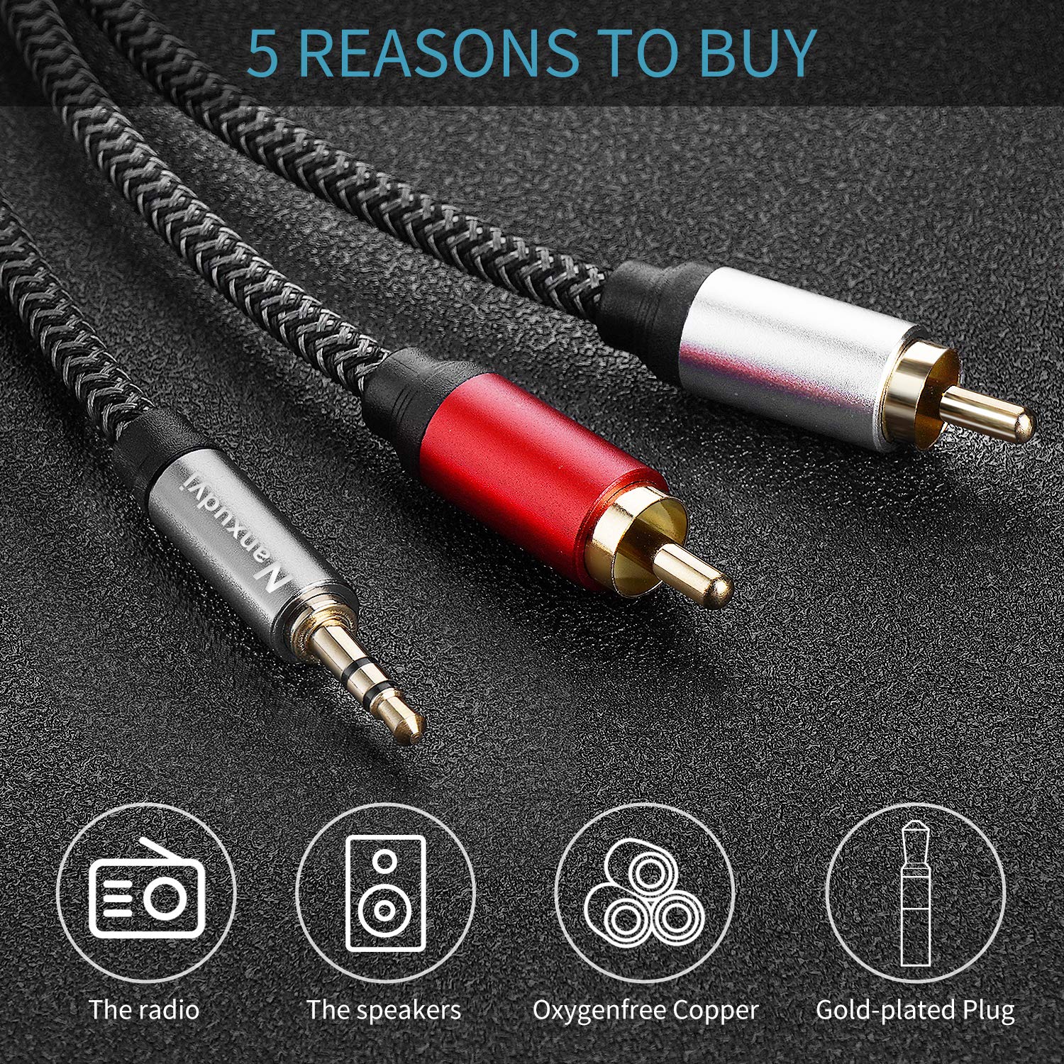 Foto 3 pulgar | Cable De Audio Nanxudyj De 3,5 Mm A 2 Rca De 3,6 M Con Revestimiento De Nailon - Venta Internacional.