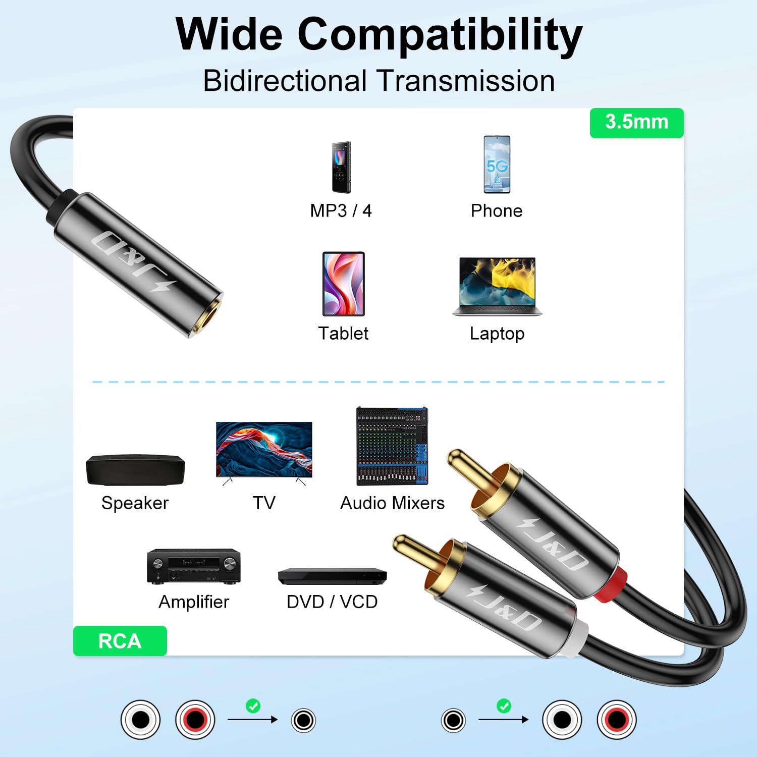 Foto 5 pulgar | Cable Adaptador De Audio J&d De 3,5 Mm Hembra A 2 Rca Macho De 12 Pies - Venta Internacional.