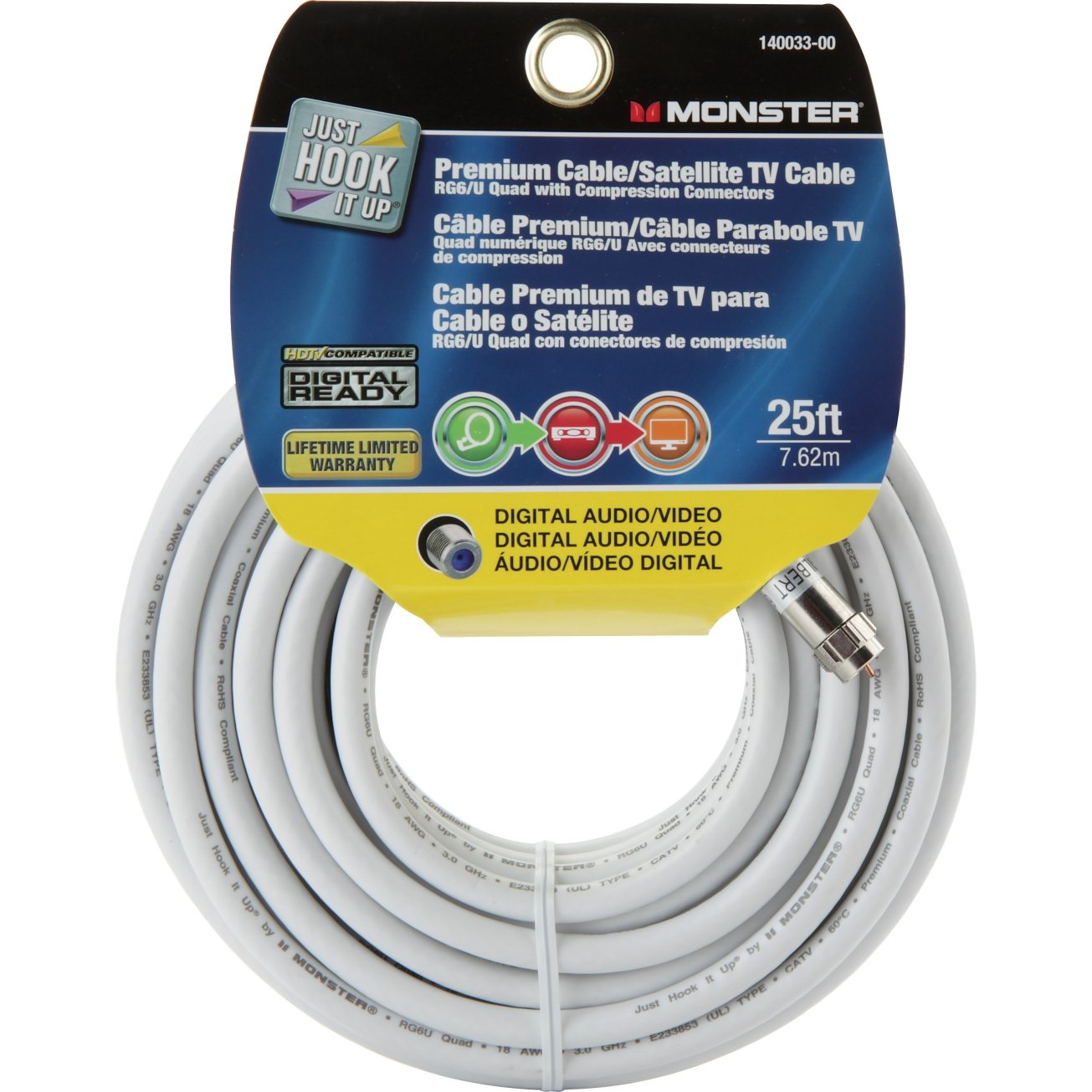 Foto 2 pulgar | Cable Coaxial De Vídeo Monster Just Hook It Up De 25 Pies, Color Blanco - Venta Internacional.