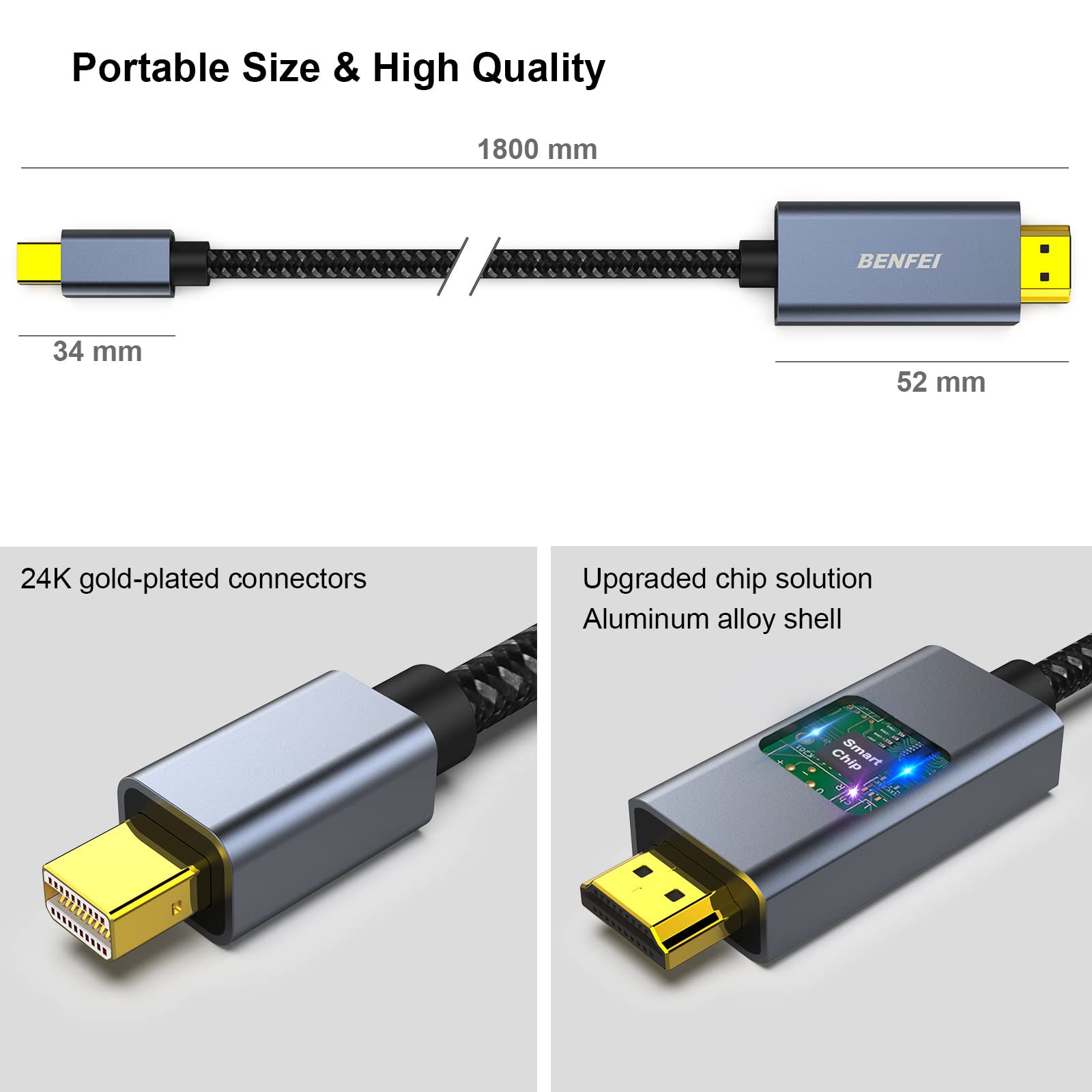 Foto 7 pulgar | Cable Mini Displayport A Hdmi Benfei De Aluminio De 3 M [4k @30hz] - Venta Internacional.