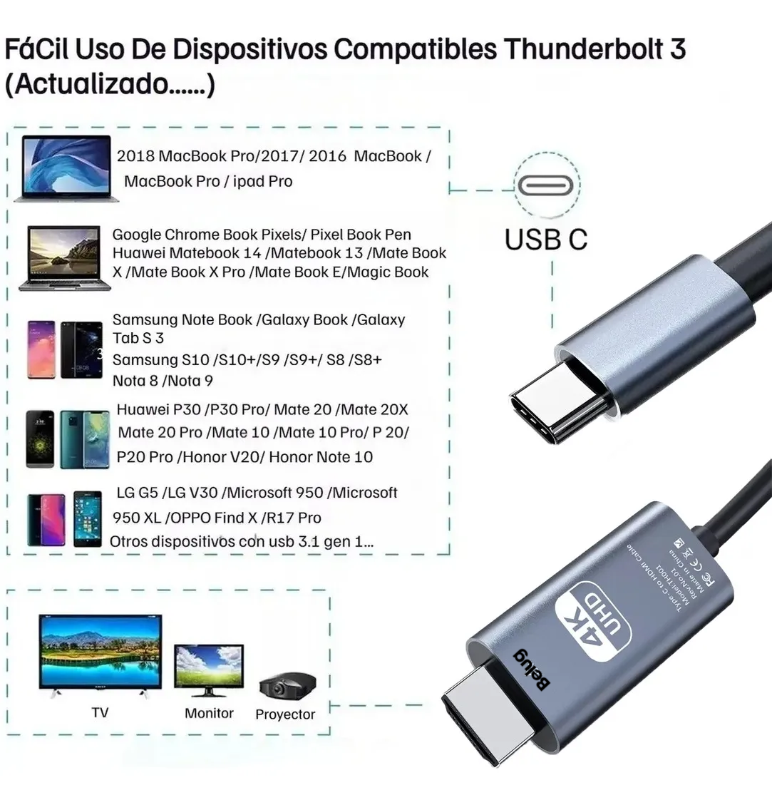 Foto 3 pulgar | Cable Hdmi  Tipo C Adaptador Usb 2m 4k Para Motorola Y Otros