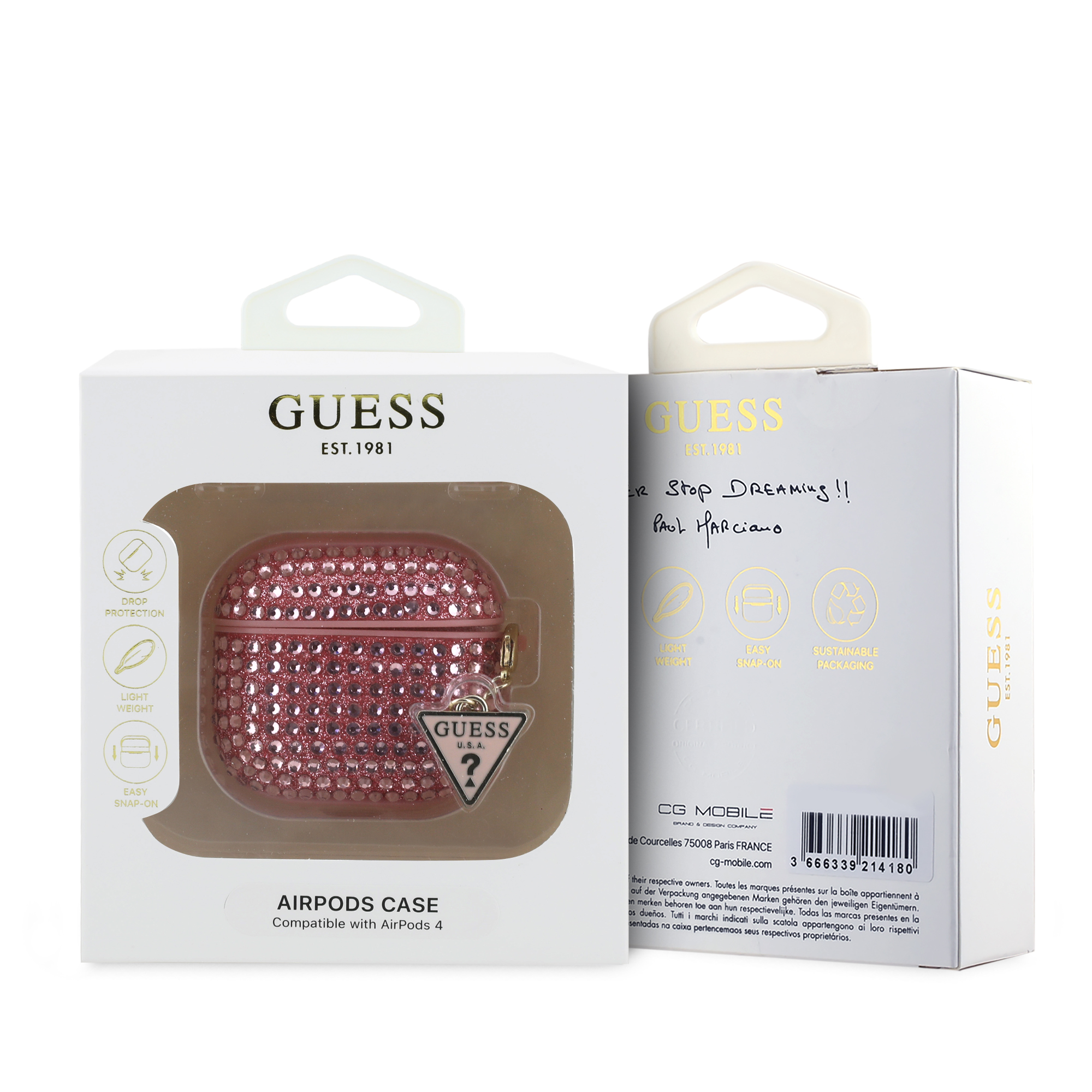 Foto 3 | Funda Original Guess Diamantes Dije Triángulo Airpods 4 Rosa