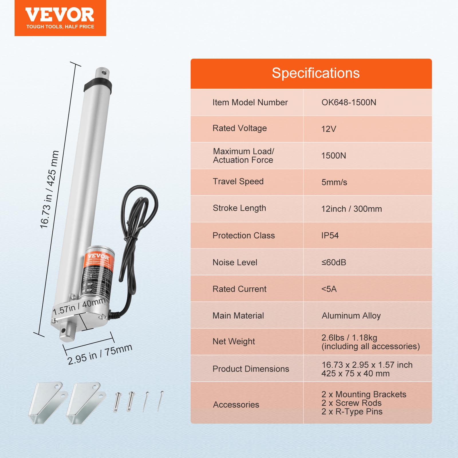 Foto 7 | Actuador Lineal Vevor De 12 V, 300 Mm, Carrera, 1500 N, Carga Con Soporte - Venta Internacional.