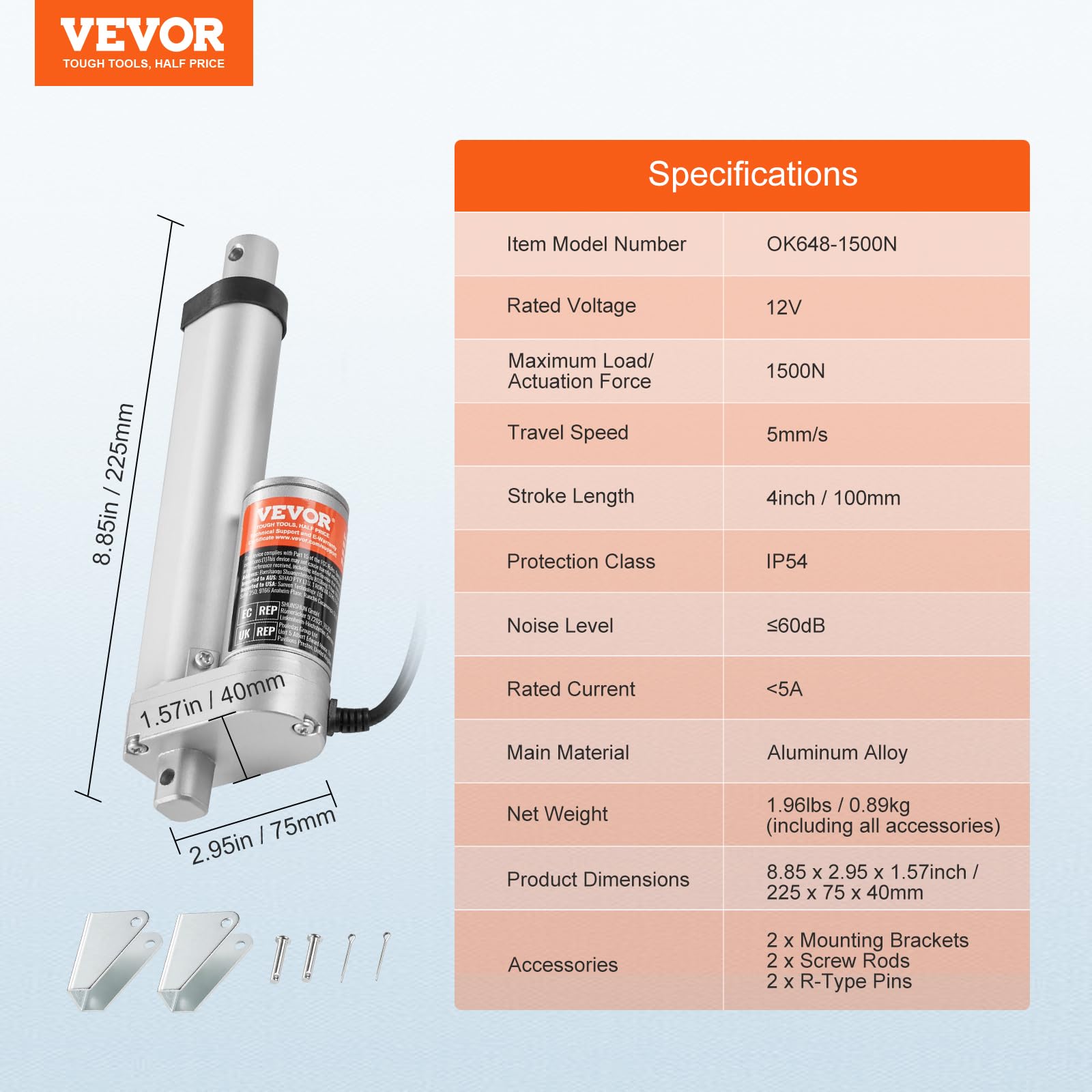 Foto 7 | Actuador Lineal Vevor 12v 100mm Carrera 1500n Carga Ip54 - Venta Internacional.