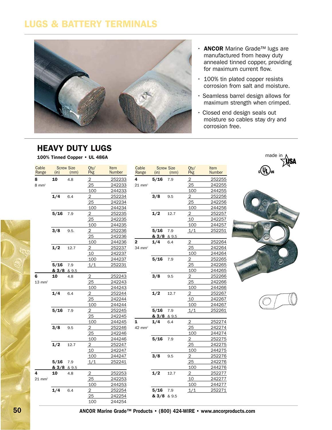 Foto 3 pulgar | Terminales Eléctricos De Cobre Estañado De Alta Resistencia Ancor 252285 1/0-ga - Venta Internacional.