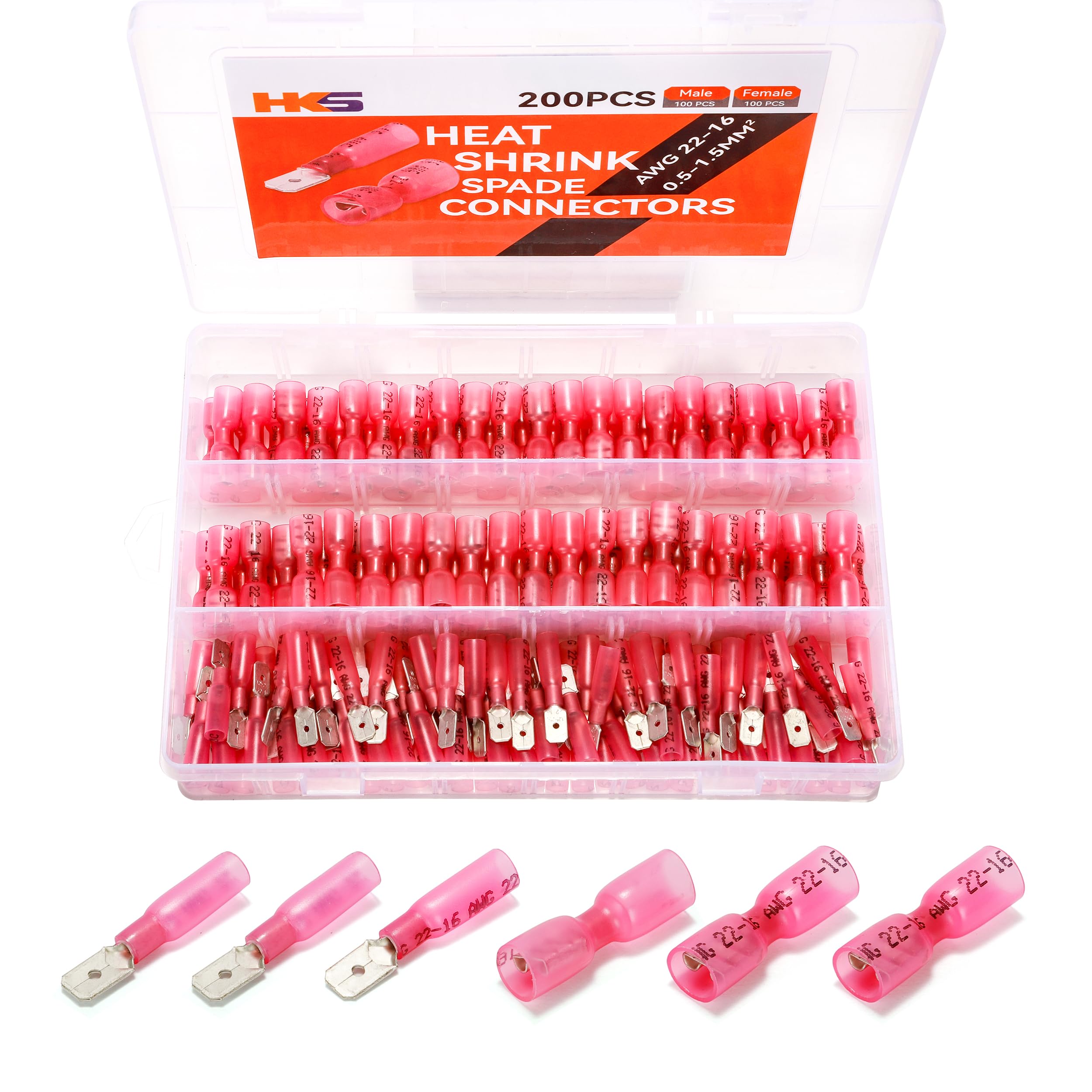 Foto 2 pulgar | Kit De Conectores Tipo Pala Hks Red Awg 22-16 Con Termorretráctil  200 Unidades - Venta Internacional.