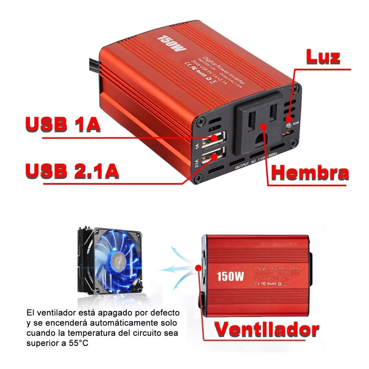 Foto 3 pulgar | Inversor de Corriente Automotriz Eo Safe Imports ESI-6490 color Rojo de 12v a 110v 150w