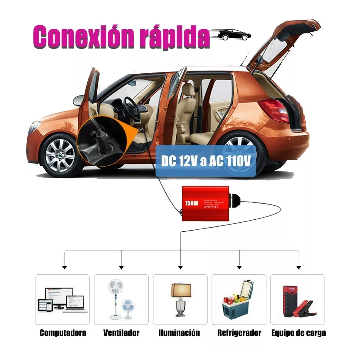 Foto 4 pulgar | Inversor de Corriente Automotriz Eo Safe Imports ESI-6490 color Rojo de 12v a 110v 150w