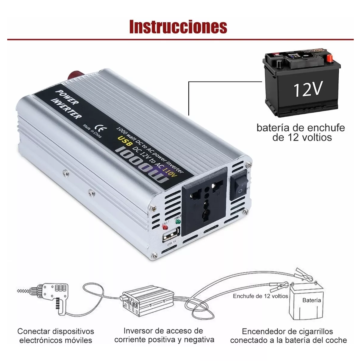 Foto 2 | Convertidor de Corriente para Auto Eo Safe Imports ESI-6491 color Plata 1000w 12 a 110v