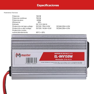 Foto 3 | Inversor de 150 W Master con Puerto USB y Clavija Tipo B El-inv150w