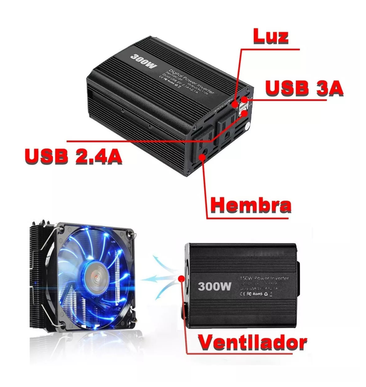 Foto 3 pulgar | Inversor de Corriente Automático Belug 12v A 110v 300w 2 Ac y 2 Negro