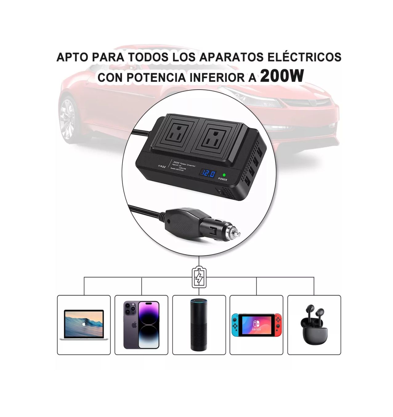 Foto 3 pulgar | Inversor de Corriente Portátil para Auto Lab.G 200w 12v a 110v Negro