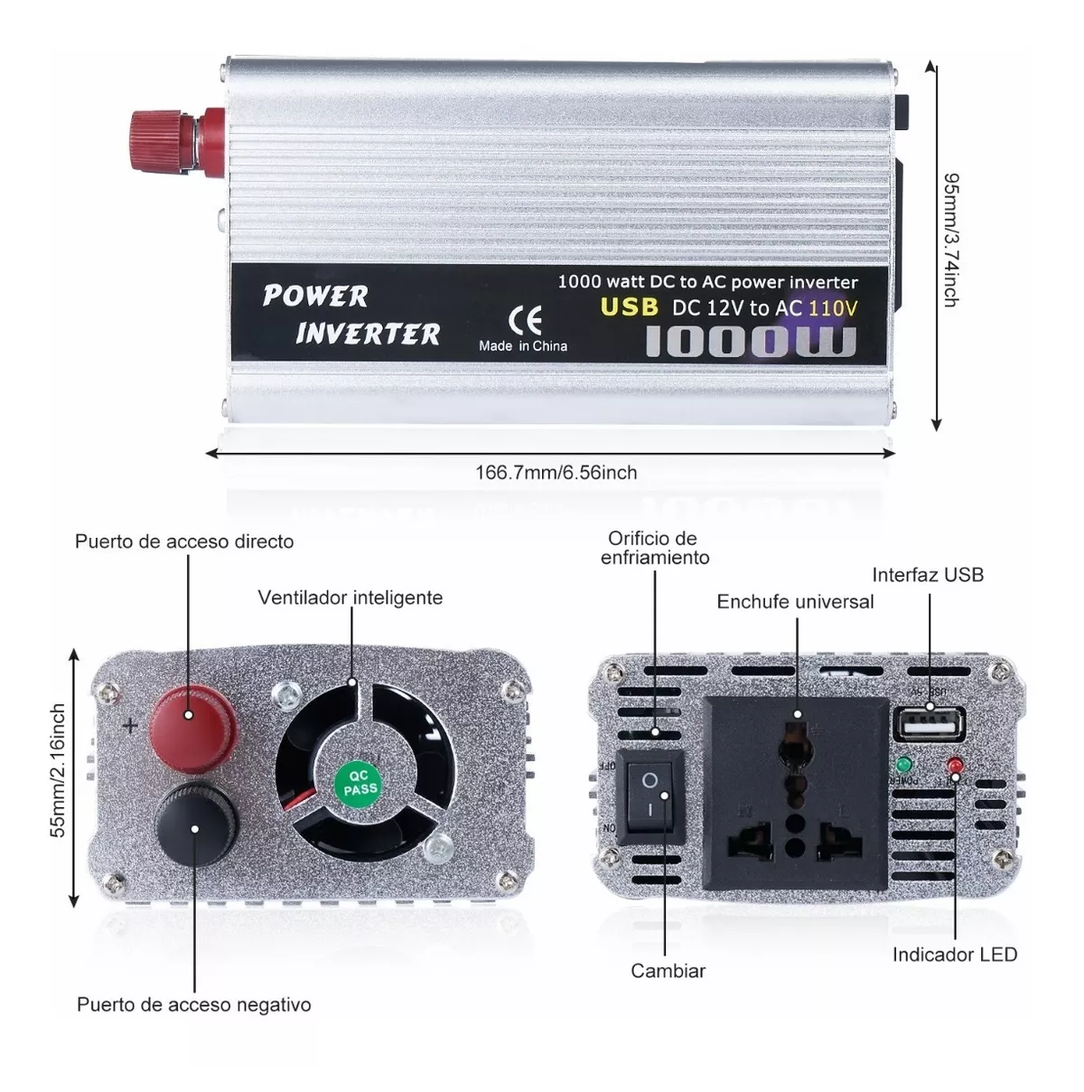 Foto 4 | Convertidor de Corriente Auto 1000w 12 A 110v Plateado