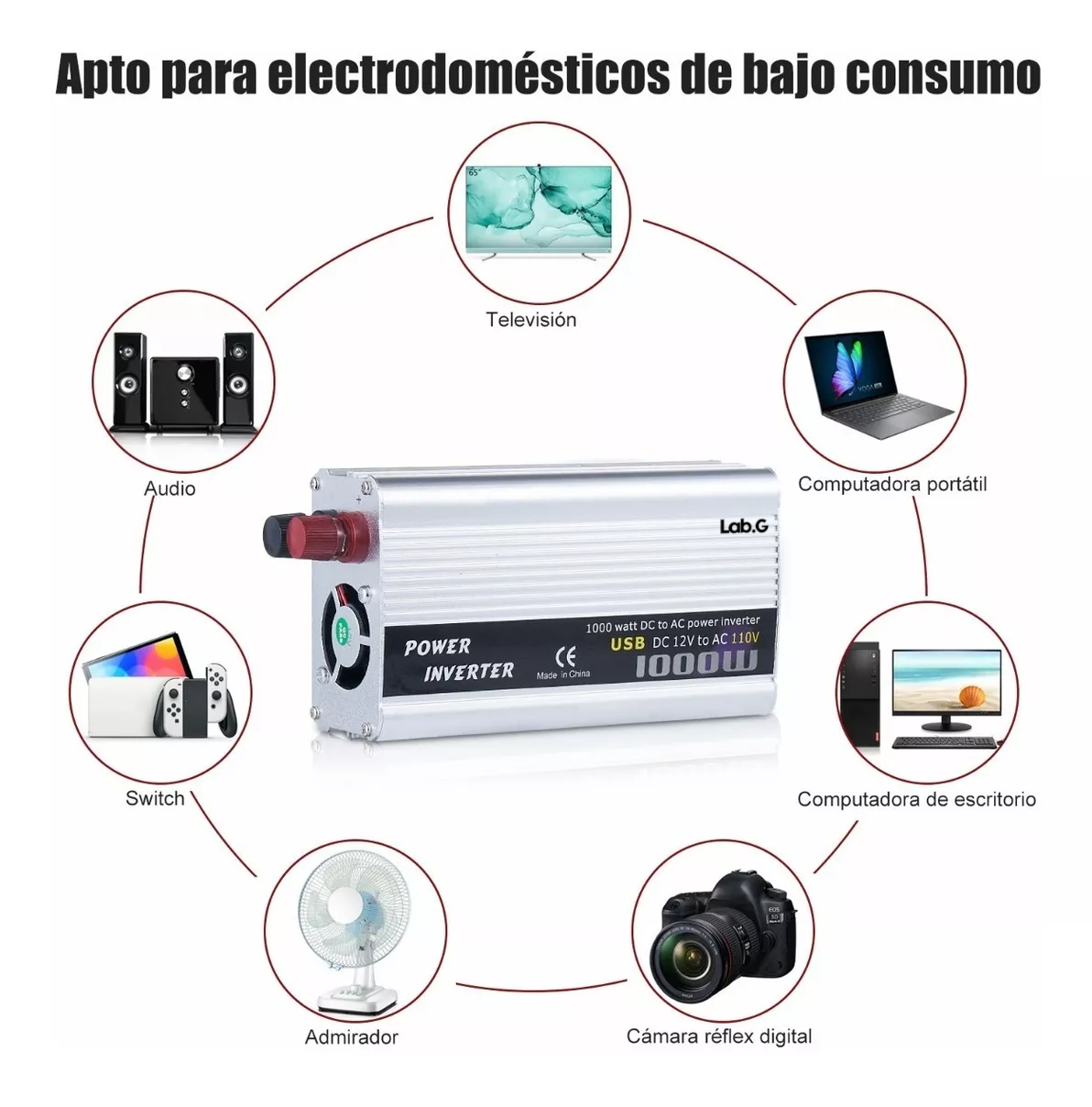 Foto 3 pulgar | Convertidor De Corriente Lab.g Auto Para Auto 1000w 12 A 110v, Plata