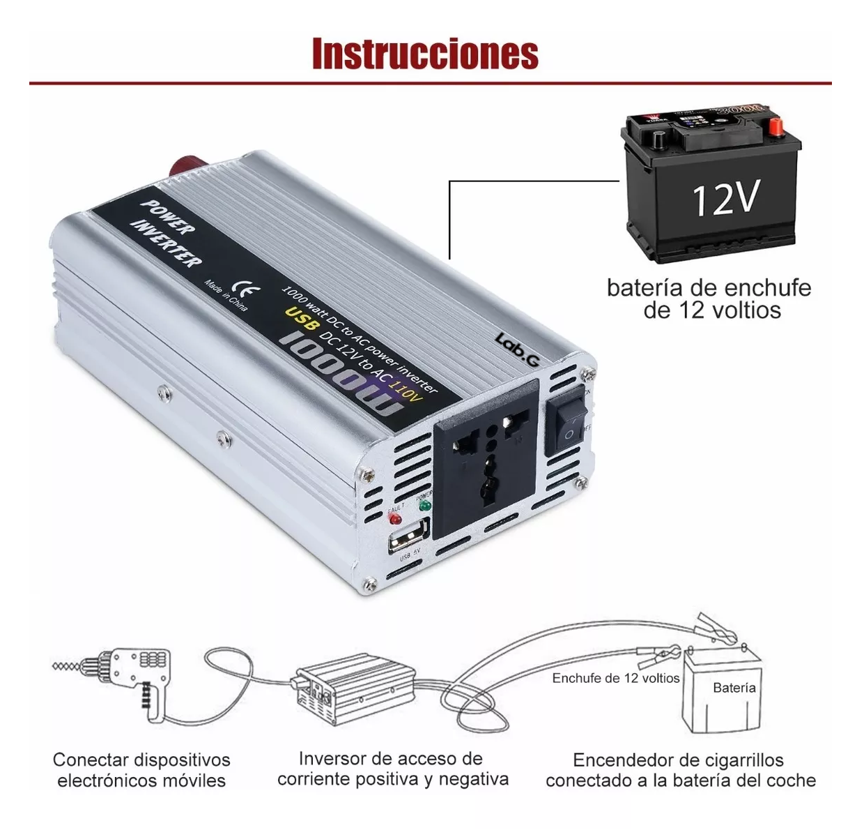 Foto 4 pulgar | Convertidor De Corriente Lab.g Auto Para Auto 1000w 12 A 110v, Plata