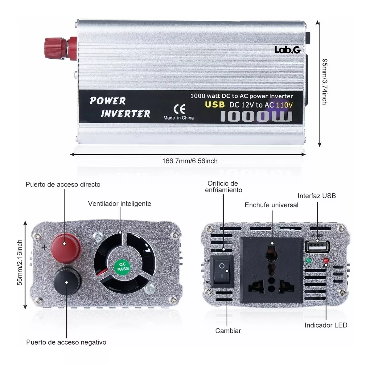 Foto 5 pulgar | Convertidor De Corriente Lab.g Auto Para Auto 1000w 12 A 110v, Plata
