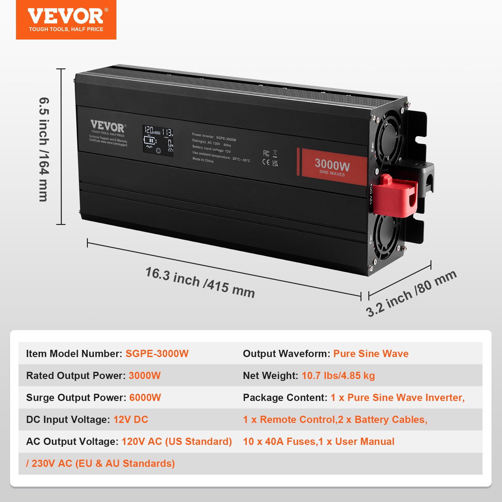 Foto 8 pulgar | Inversor De Corriente Vevor Pure Sine Wave 3000 W Dc 12 V A Ac 120 V - Venta Internacional.
