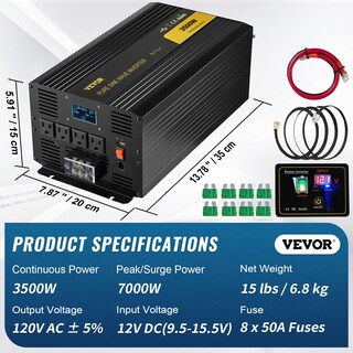 Foto 7 | Inversor De Corriente Vevor Pure Sine Wave 3500 W Dc 12 V A Ac 120 V - Venta Internacional.