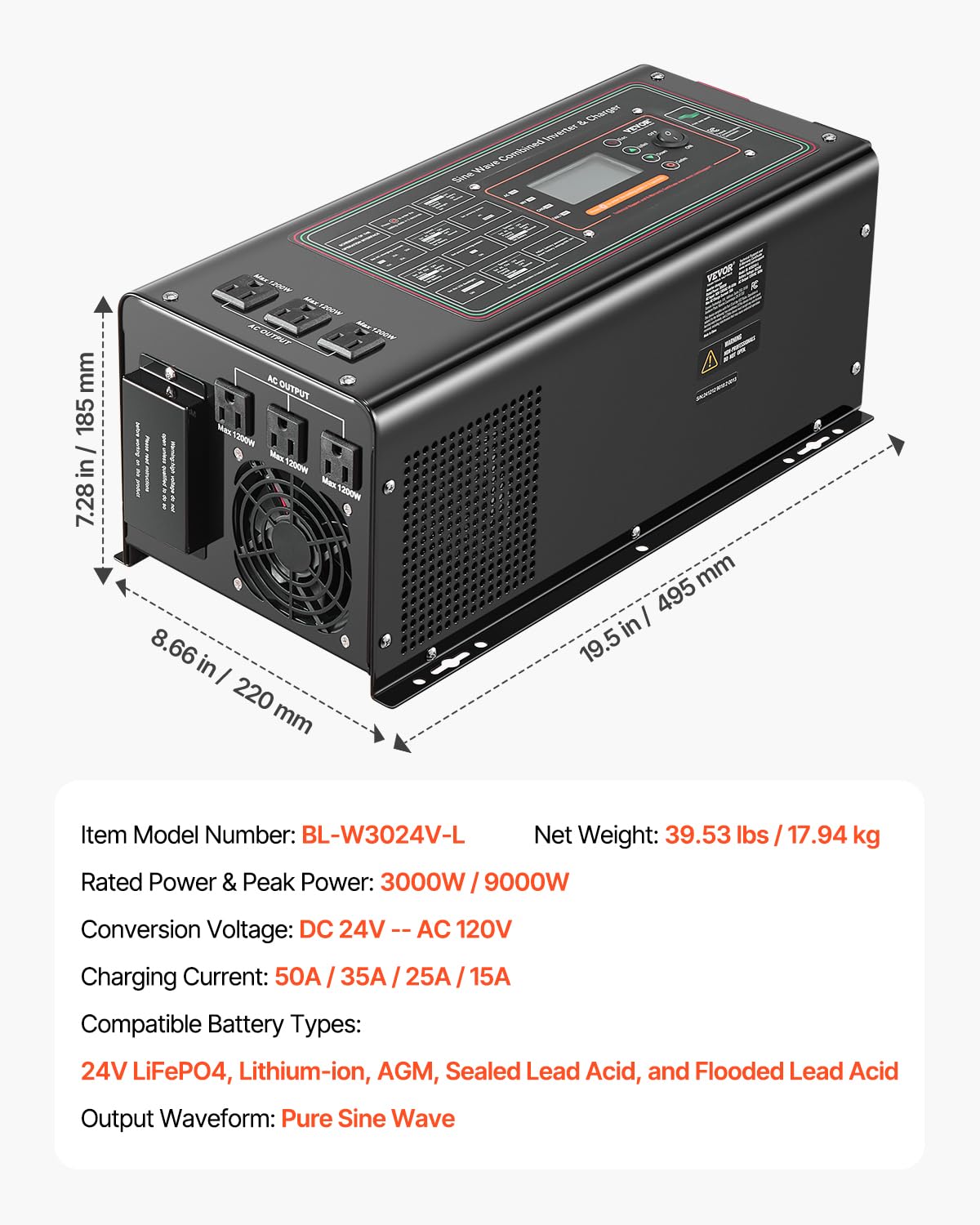 Foto 8 pulgar | Cargador Inversor Vevor Pure Sine Wave 3000 W Dc 24 V A Ac 120 - Venta Internacional.