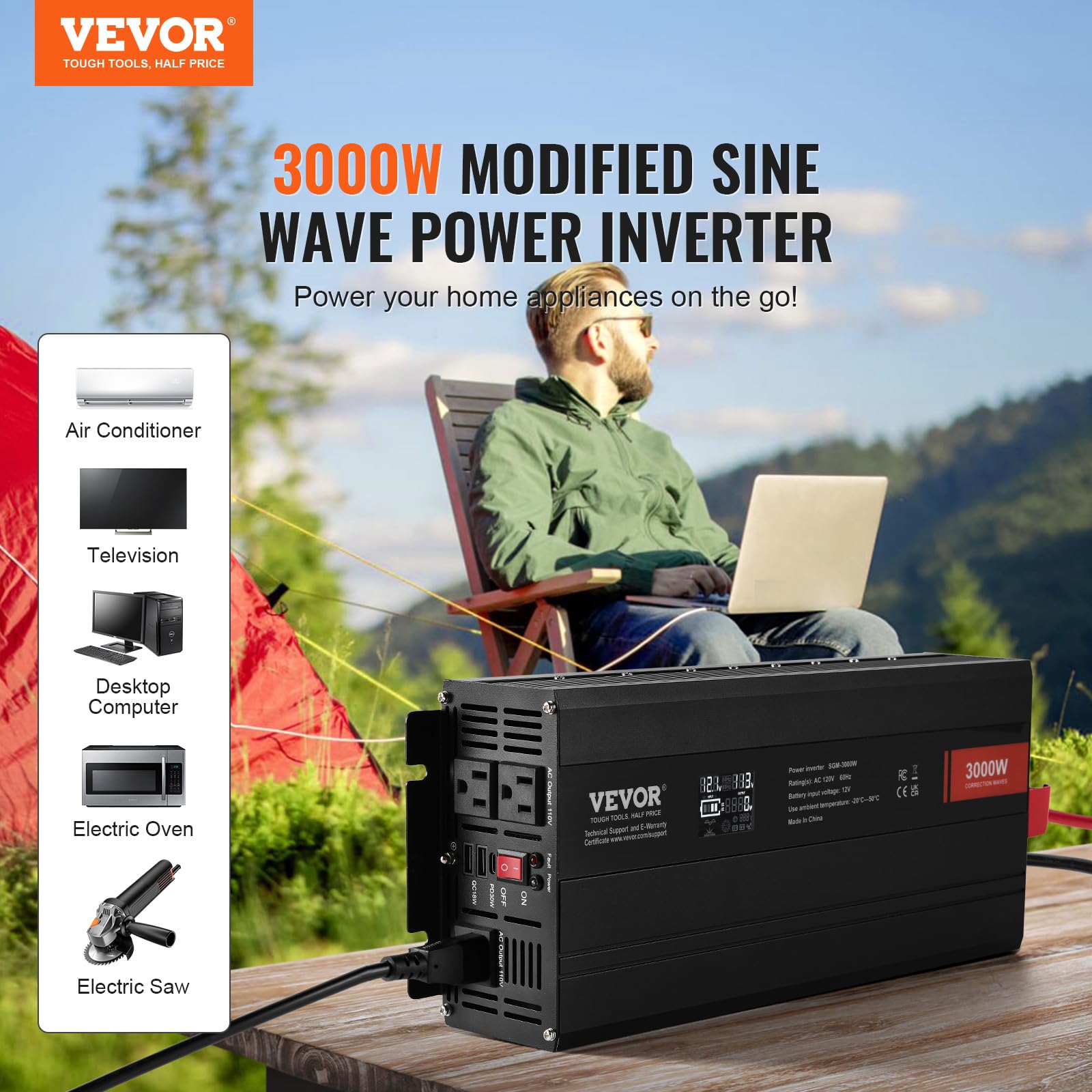 Foto 3 pulgar | Inversor De Corriente Vevor De Onda Sinusoidal Modificada De 3000 W Dc 12 V A Ac 120 V - Venta Internacional.