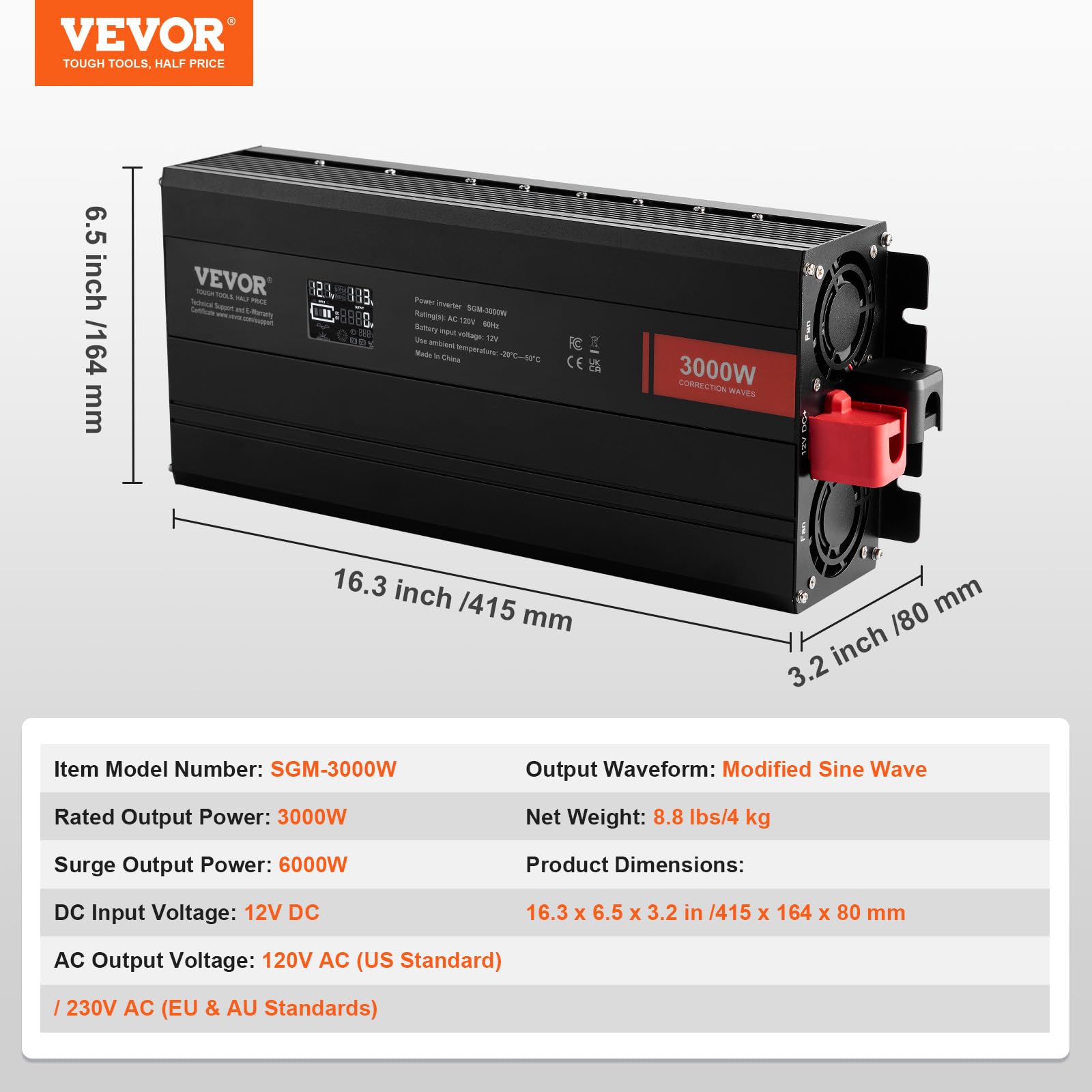 Foto 8 pulgar | Inversor De Corriente Vevor De Onda Sinusoidal Modificada De 3000 W Dc 12 V A Ac 120 V - Venta Internacional.