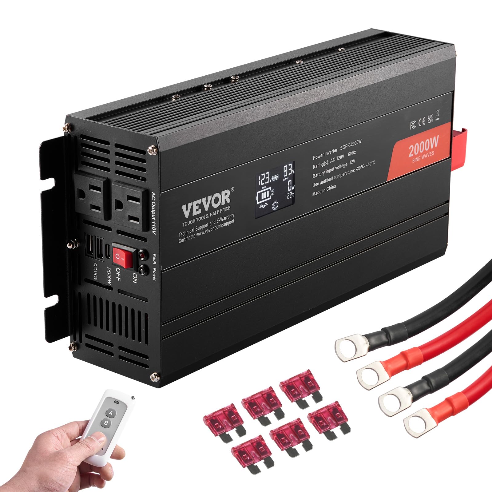 Inversor De Corriente Vevor Pure Sine Wave 2000 W Dc 12 V A Ac 120 V - Venta Internacional.