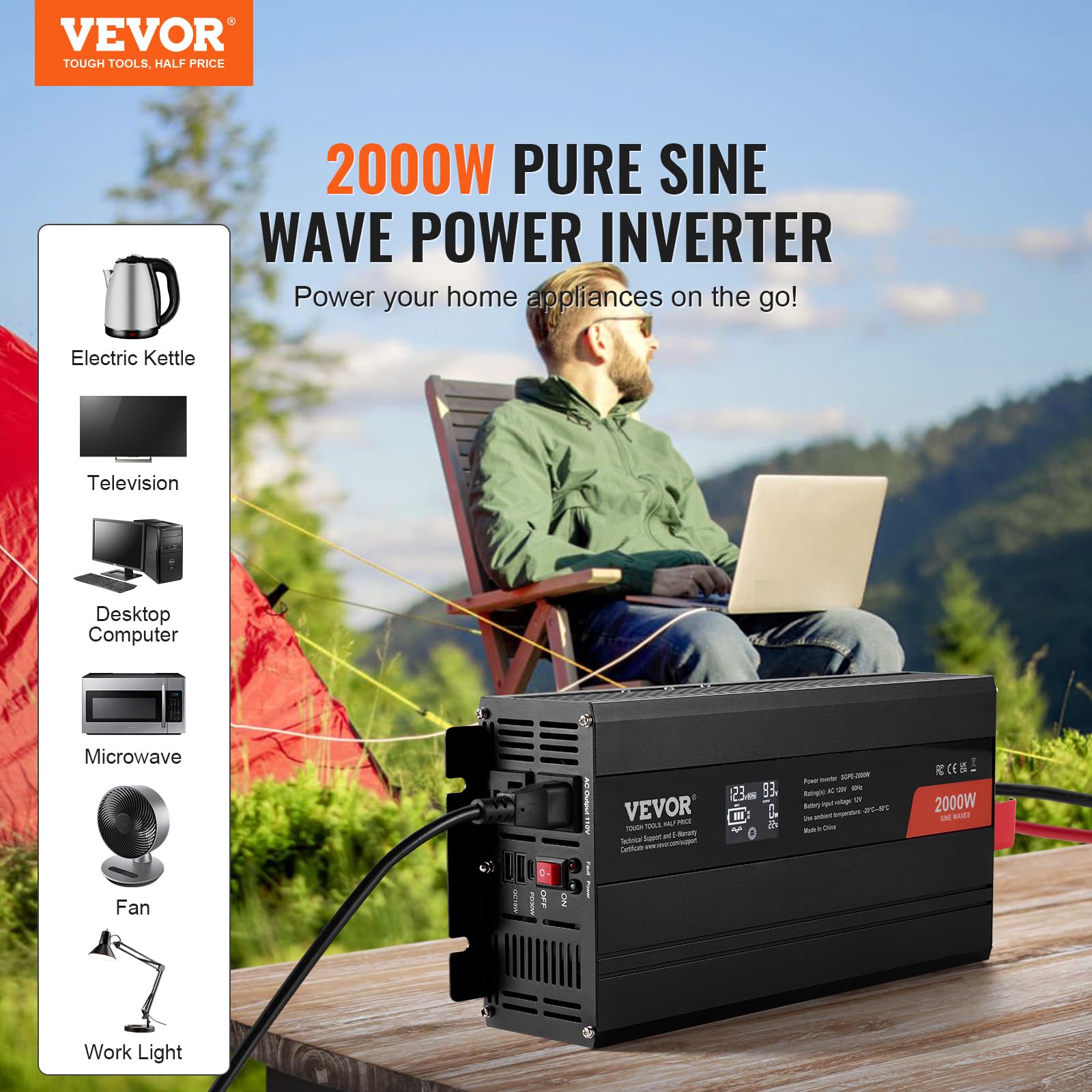 Foto 3 pulgar | Inversor De Corriente Vevor Pure Sine Wave 2000 W Dc 12 V A Ac 120 V - Venta Internacional.