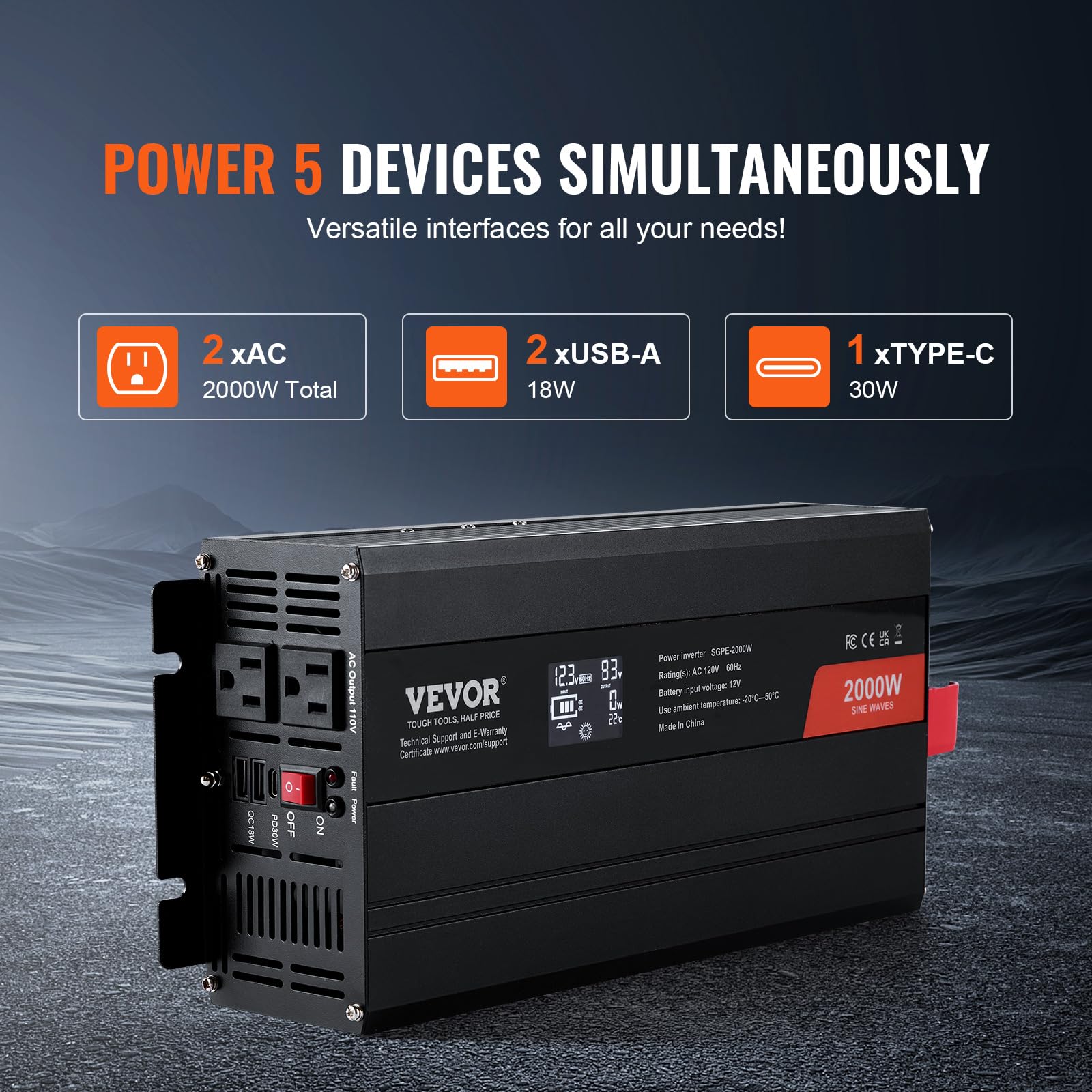Foto 5 pulgar | Inversor De Corriente Vevor Pure Sine Wave 2000 W Dc 12 V A Ac 120 V - Venta Internacional.