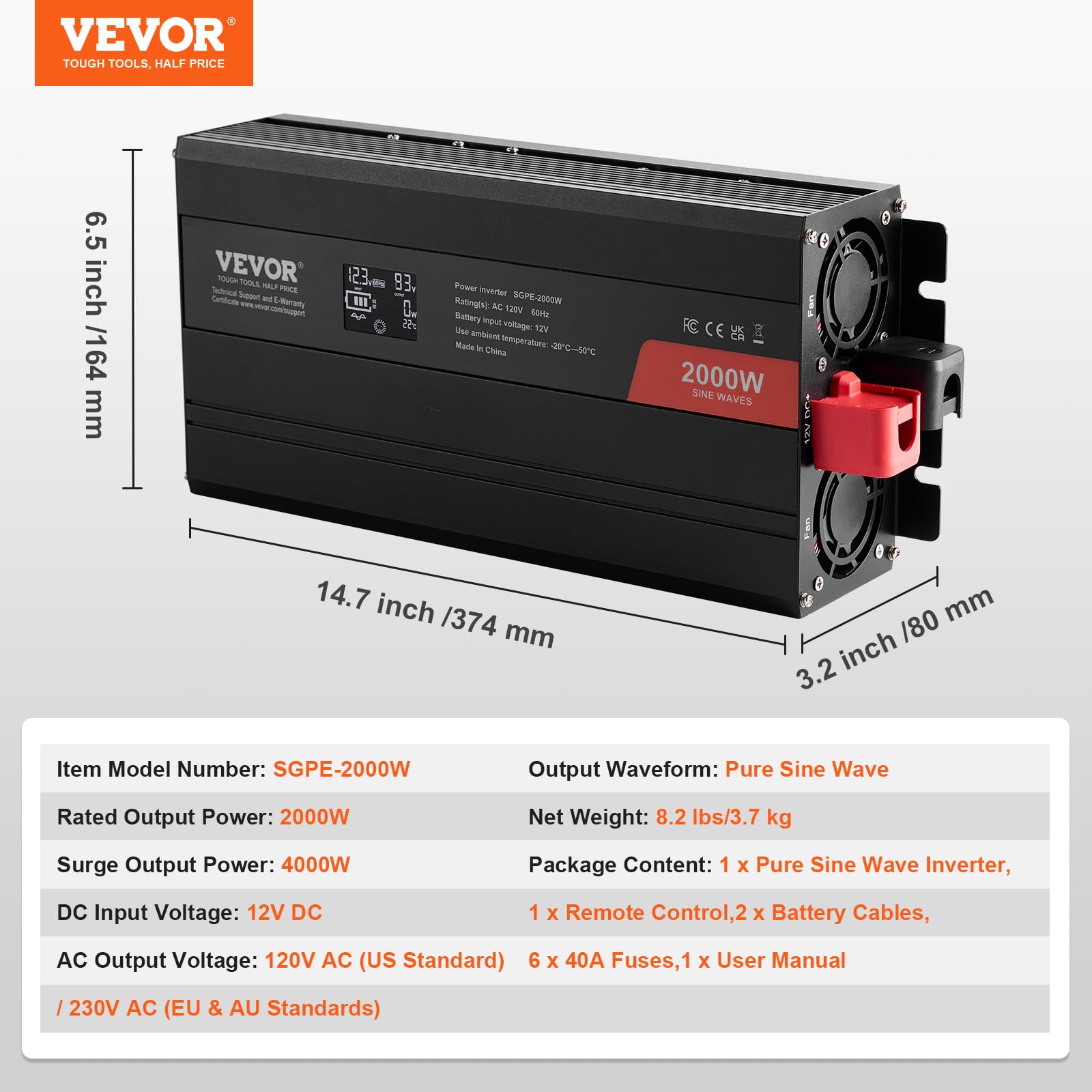 Foto 8 pulgar | Inversor De Corriente Vevor Pure Sine Wave 2000 W Dc 12 V A Ac 120 V - Venta Internacional.