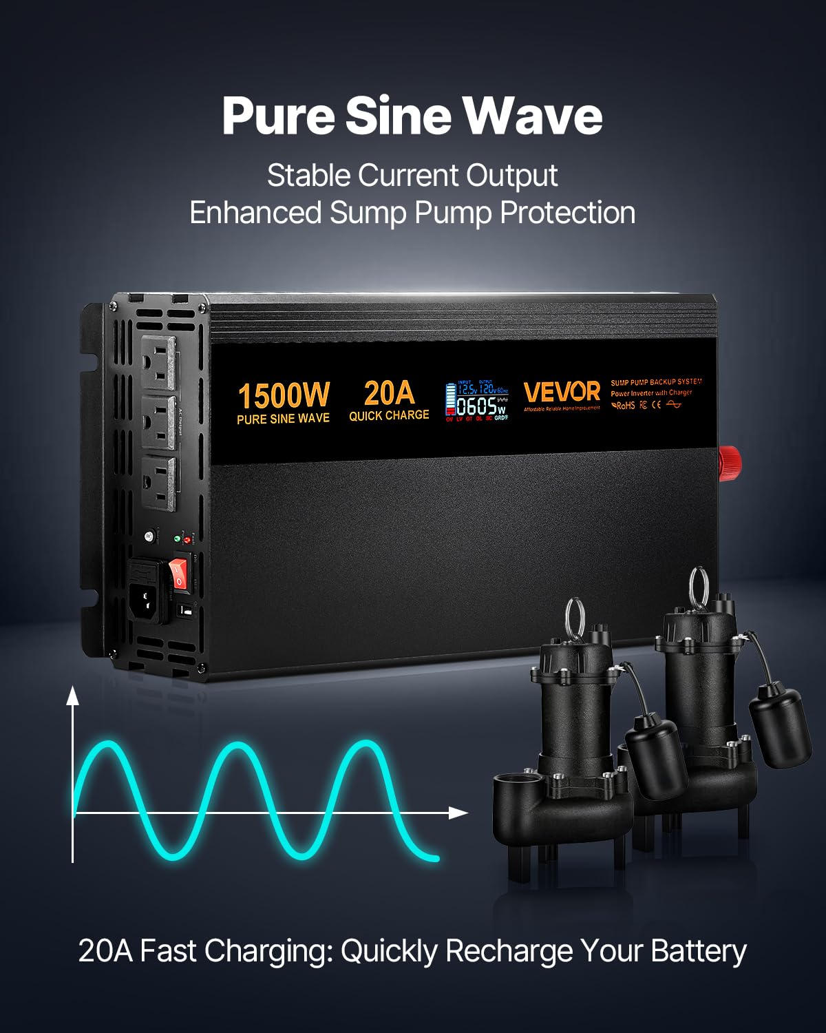 Foto 7 pulgar | Sistema De Respaldo De Batería Para Bomba De Sumidero Vevor 1500w Con Pantalla Lcd - Venta Internacional.