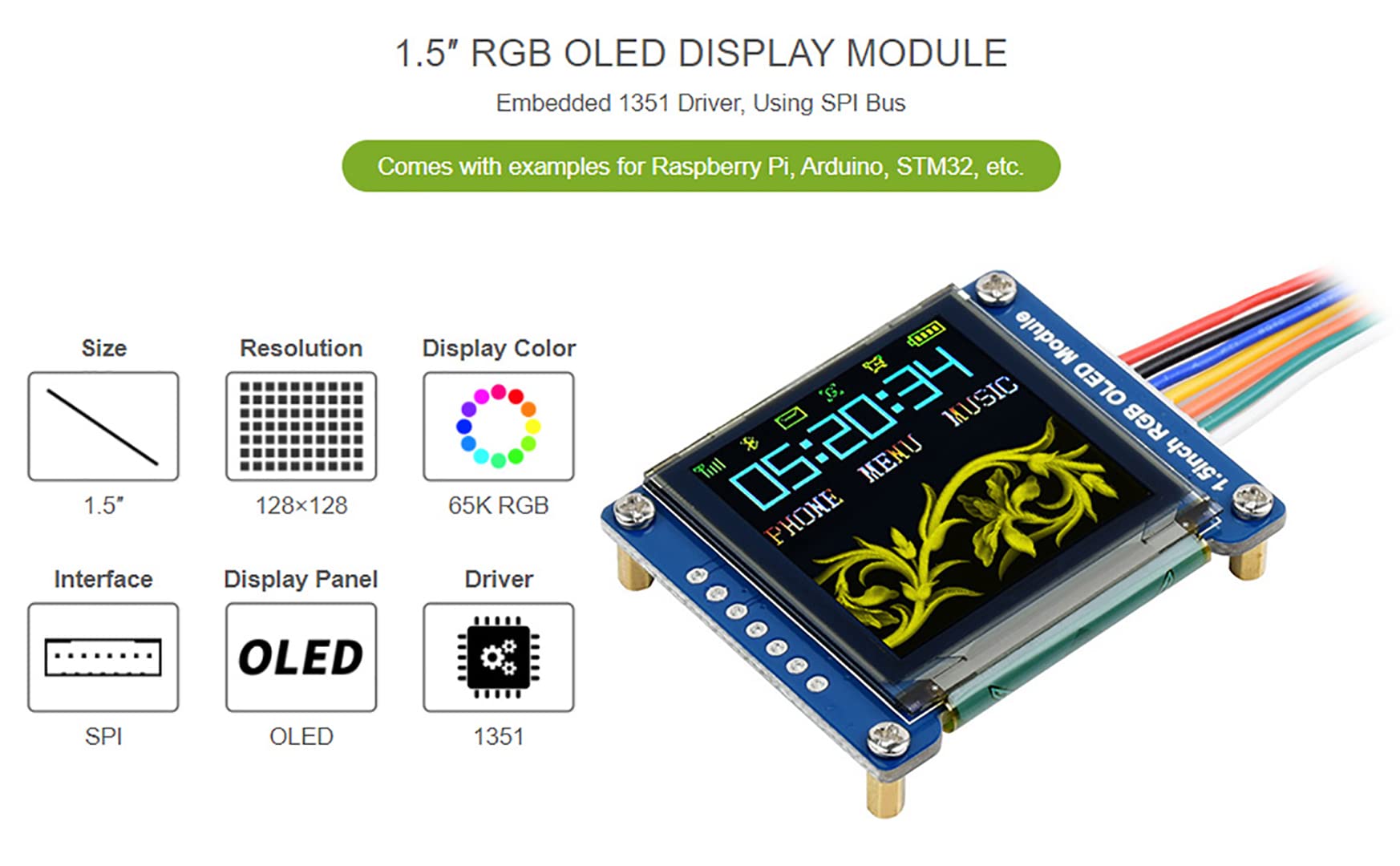 Foto 2 | Módulo De Pantalla Oled Rgb Waveshare De 1 5 Pulgadas Y 128 X 128 Píxeles - Venta Internacional.