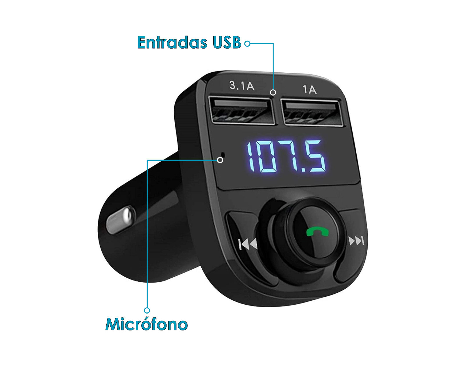 Foto 4 pulgar | Transmisor Fm Bluetooth Manos Libres Cargador con Puerto Doble USB