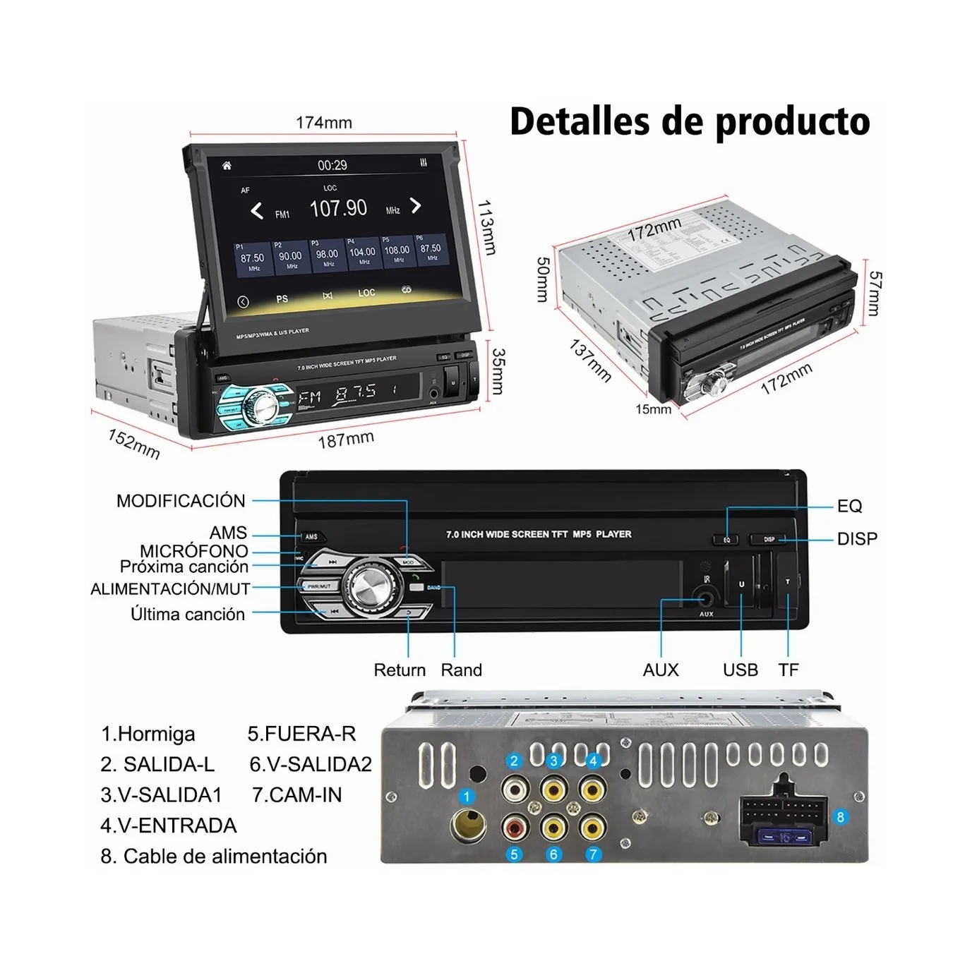 Foto 2 | Autoestéreo Pantalla Retráctil Hd Estéreo 7 In Eo Safe Imports Esi-354 Negro