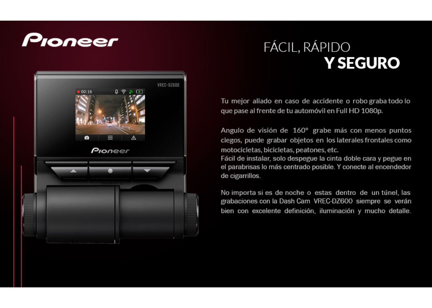 Foto 4 pulgar | Cámara Frontal Pioneer VREC-DZ600 Full HD 160° wi-fi modo Nocturno