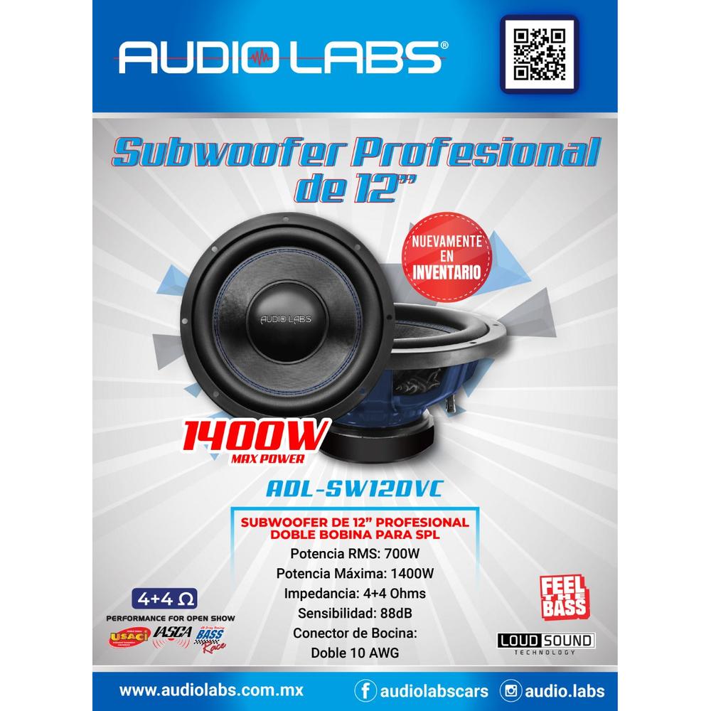 Foto 7 pulgar | Subwoofer Open Show Audio Labs ADLSW12DVC Negro 12 " 1400 W 4 OHMS 700 Watts RMS Doble Bobina