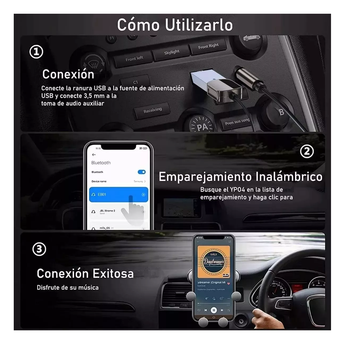 Foto 4 pulgar | Receptor Usb Bluetooth 5.1 Para El Coche Con Toma Aux De 3.5 Gris