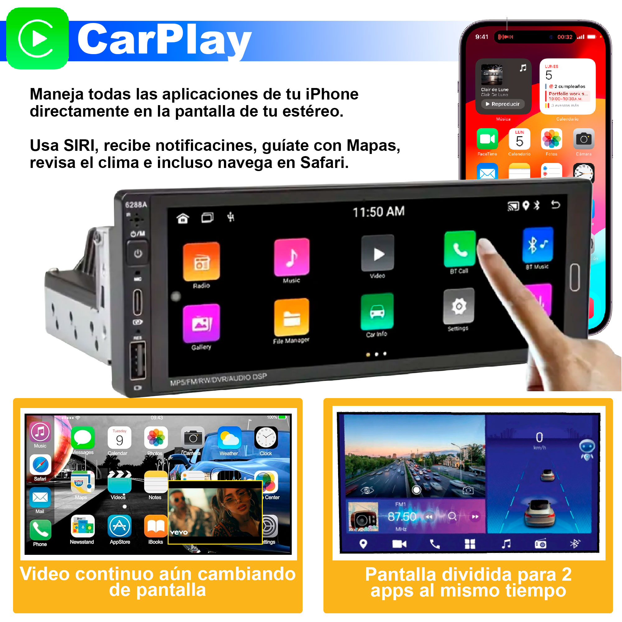 Foto 3 pulgar | Autoestereo Vak 3558 1 Din 6.8'' Android Carplay Camara Gps