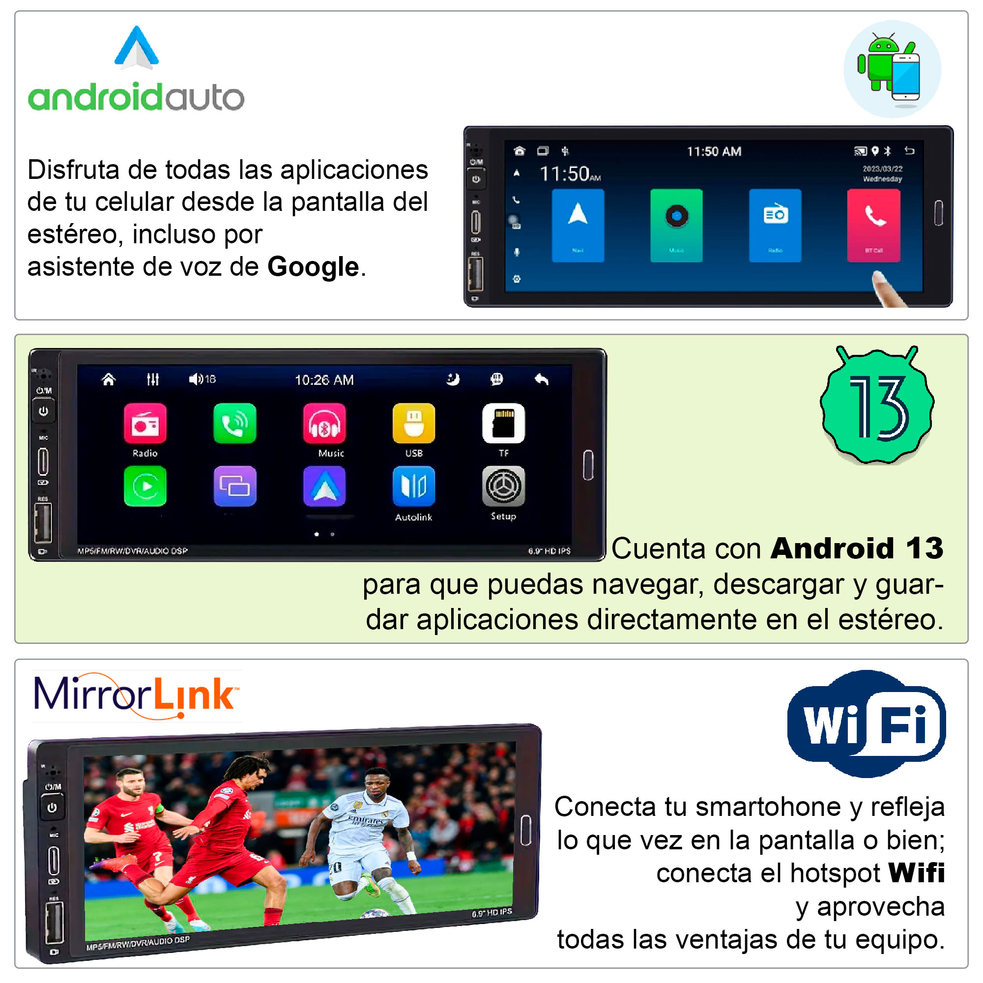 Foto 4 pulgar | Autoestereo Vak 3558 1 Din 6.8'' Android Carplay Camara Gps