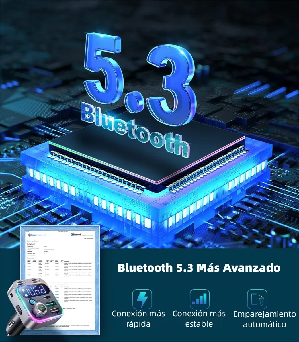 Foto 5 pulgar | Transmisor Fm Bluetooth 5.3 Para Auto Con Adaptador Bluetooth Pd 48w
