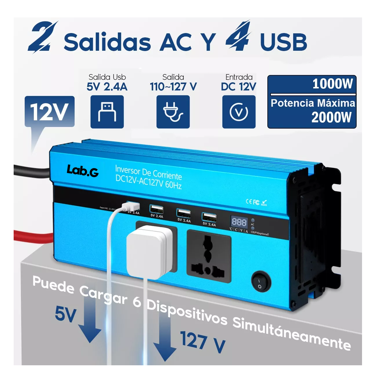 Foto 4 pulgar | Inversor De Corriente Dual 1000w Con 4 Usb 12 Vcc A 110 Vca Azul