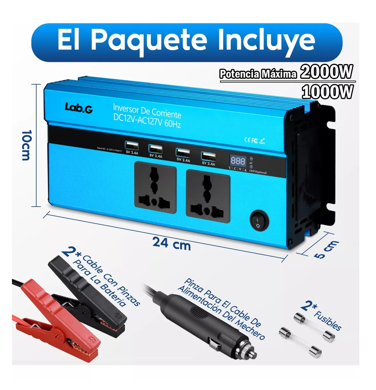 Foto 6 pulgar | Inversor De Corriente Dual 1000w Con 4 Usb 12 Vcc A 110 Vca Azul