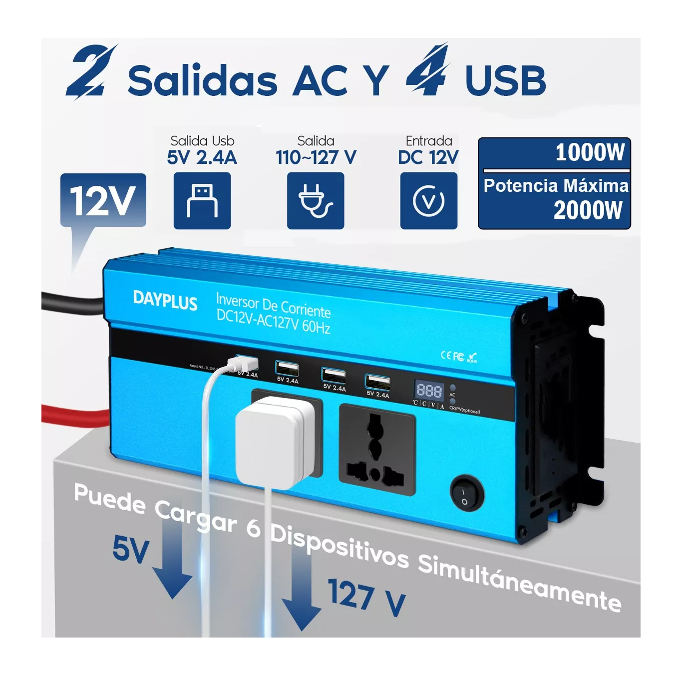 Foto 3 pulgar | Inversor De Corriente Dual 1000w Con 4 Usb 12 Vcc A 110 Vca Azul