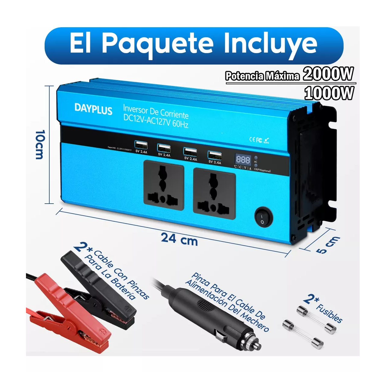 Foto 6 pulgar | Inversor De Corriente Dual 1000w Con 4 Usb 12 Vcc A 110 Vca Azul