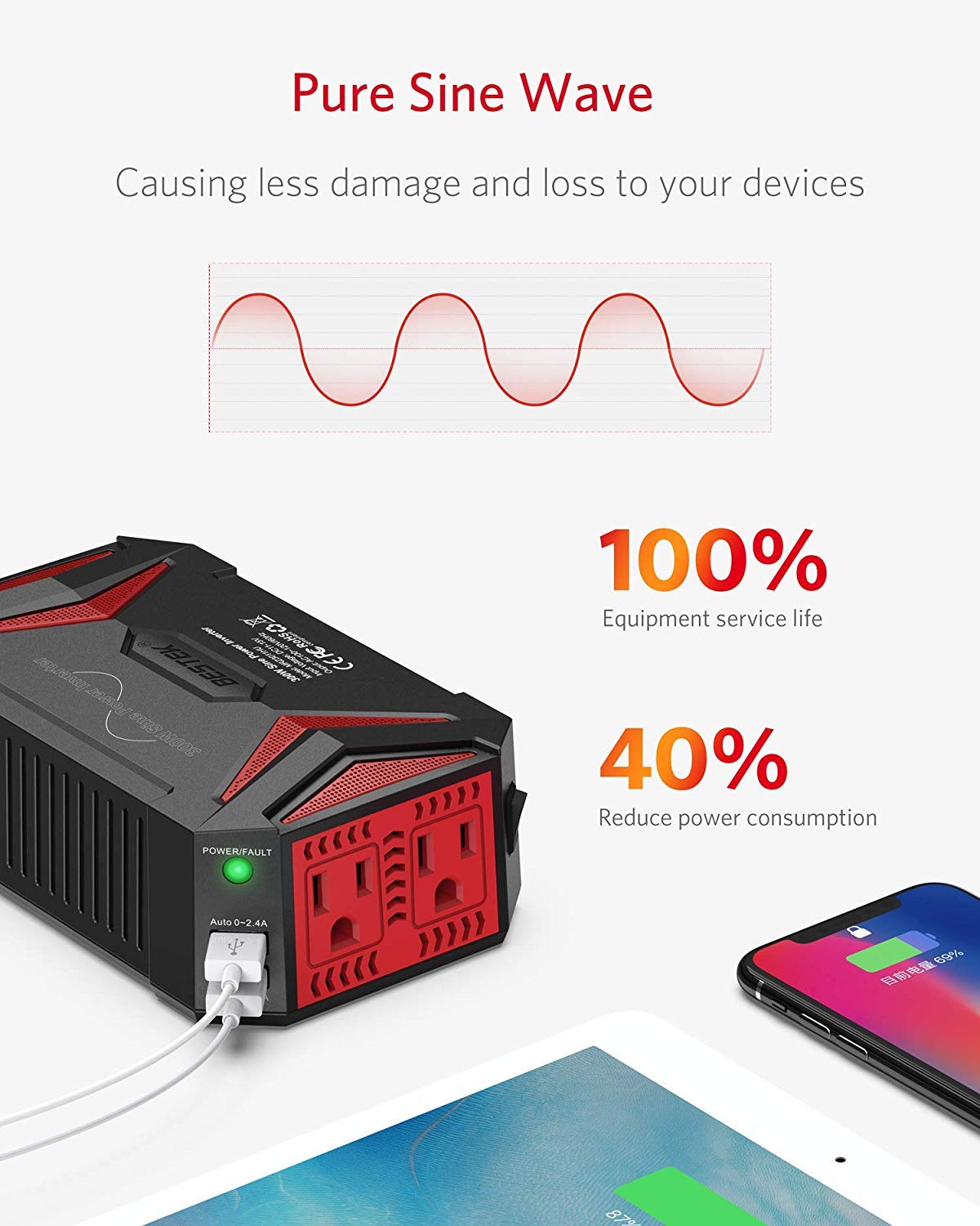 Foto 3 pulgar | Adaptador De Coche Power Inverter Bestek De Onda Sinusoidal Pura De 300 W - Venta Internacional.