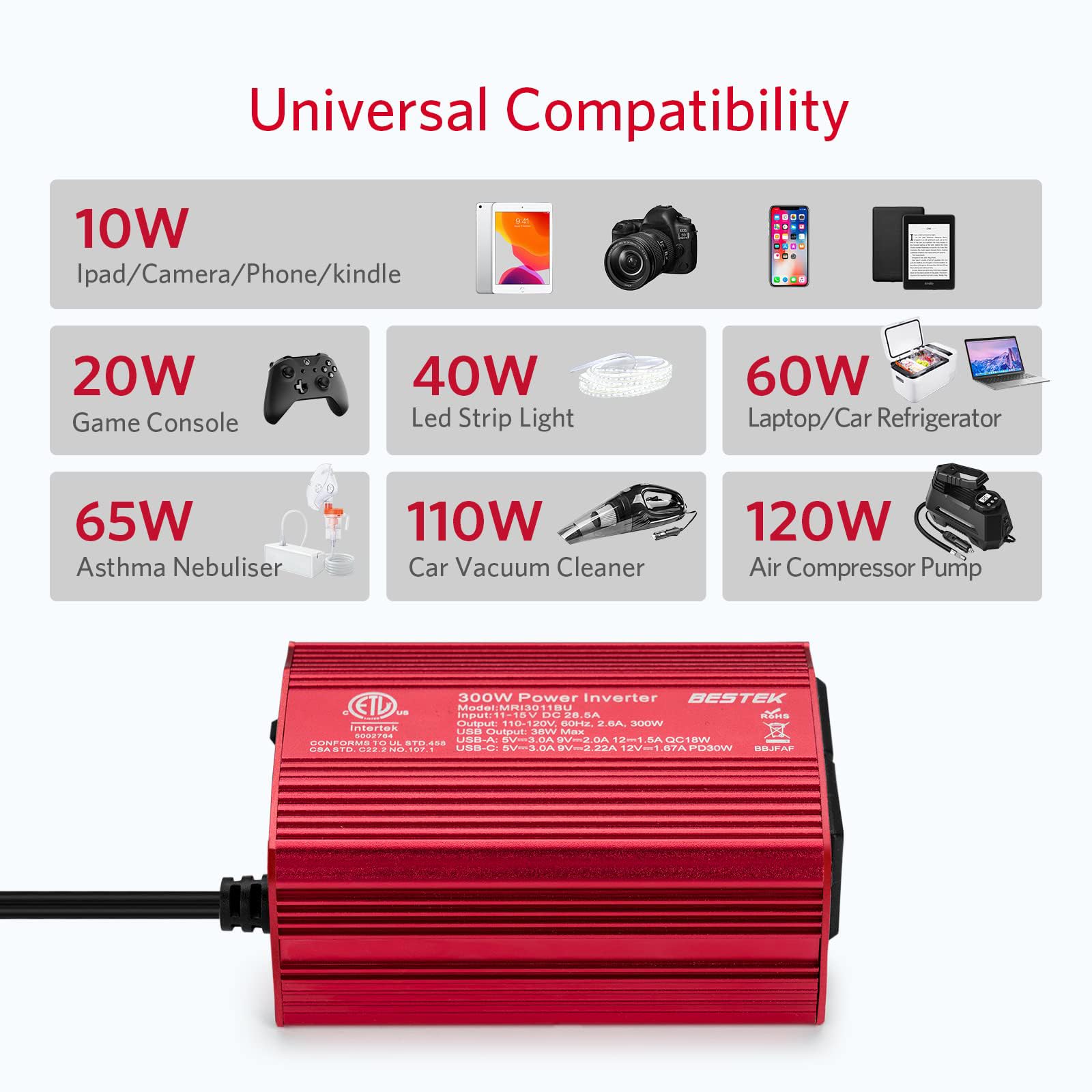Foto 5 | Inversor De Corriente Bestek 300 W Dc 12 V A 110 V Ac Con Usb-c Pd 30w - Venta Internacional.