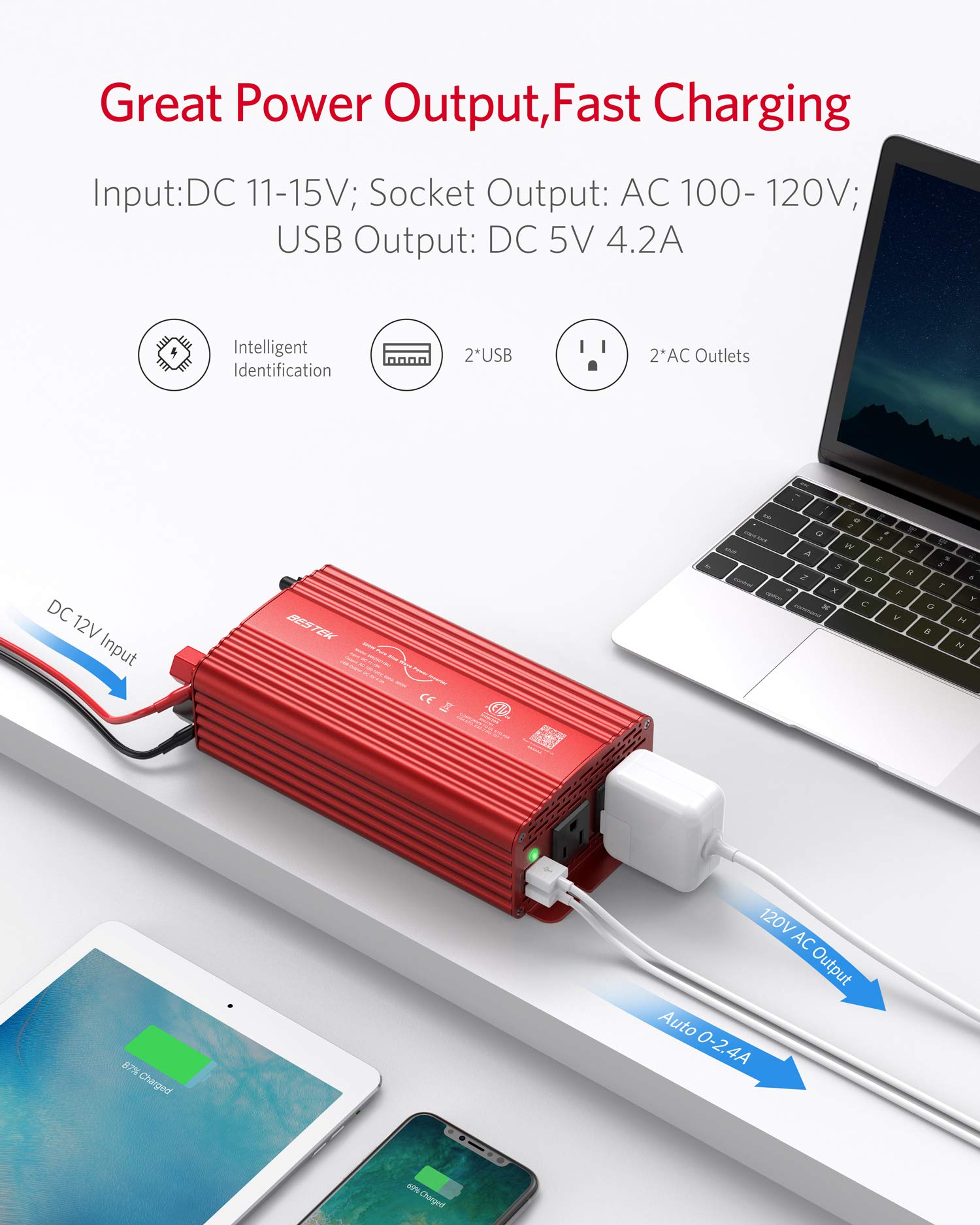 Foto 3 | Inversor De Corriente Bestek De Onda Sinusoidal Pura De 500 W, Dc 12 V A Ac 110 V - Venta Internacional.