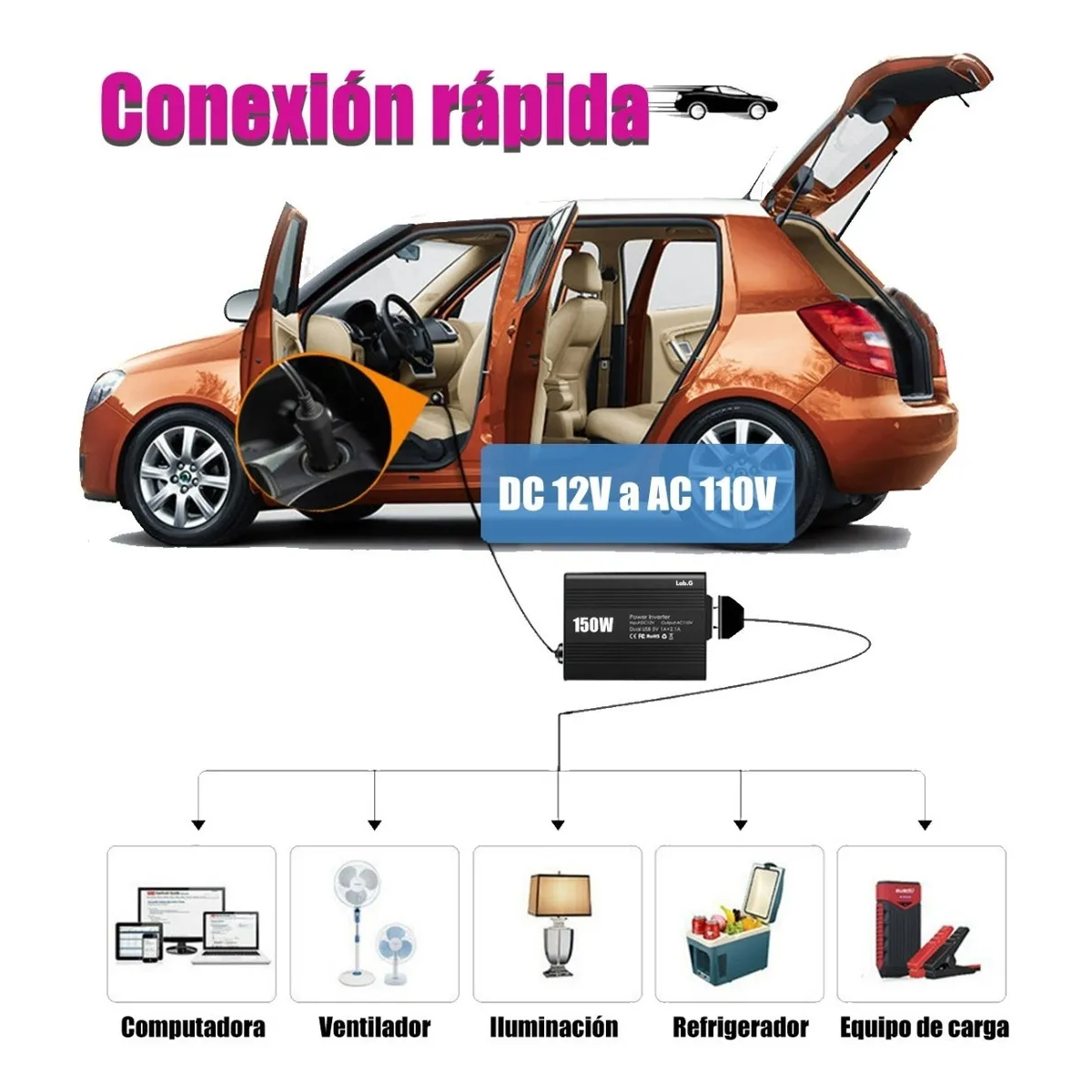 Foto 4 pulgar | Inversor De Alta Potencia Para Coche De 150 W Lab.g Negro